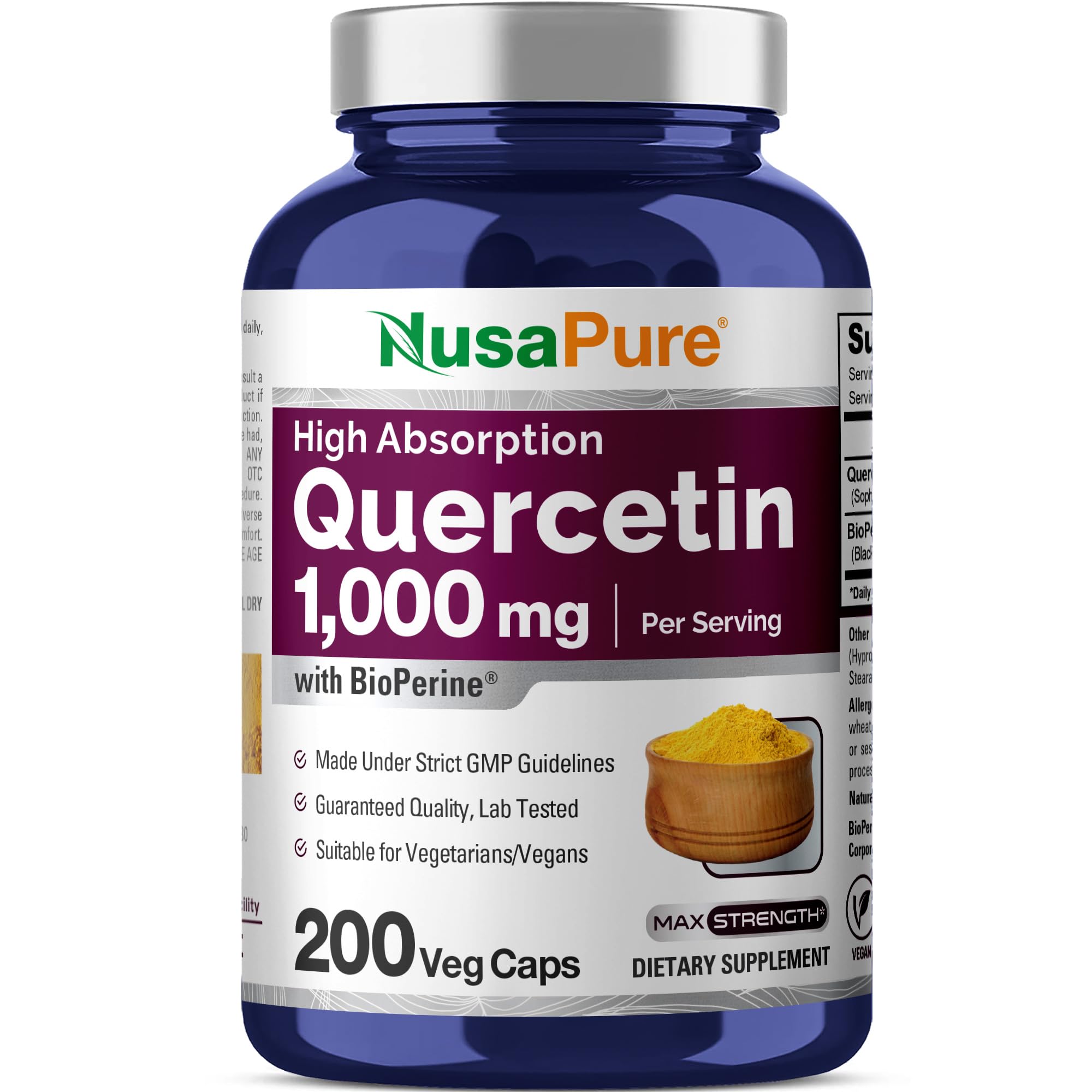 NusaPure Quercetin 1,000mg 200 Veggie Capsules front view