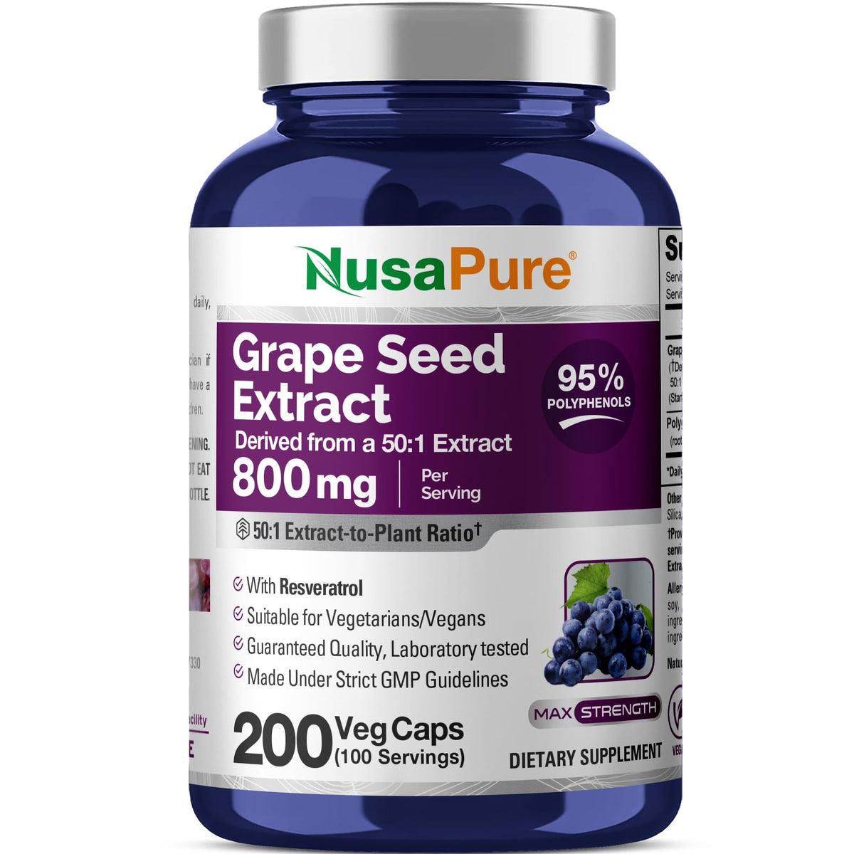NusaPure Resveratrol Grape Seed Extract 800mg capsules front view