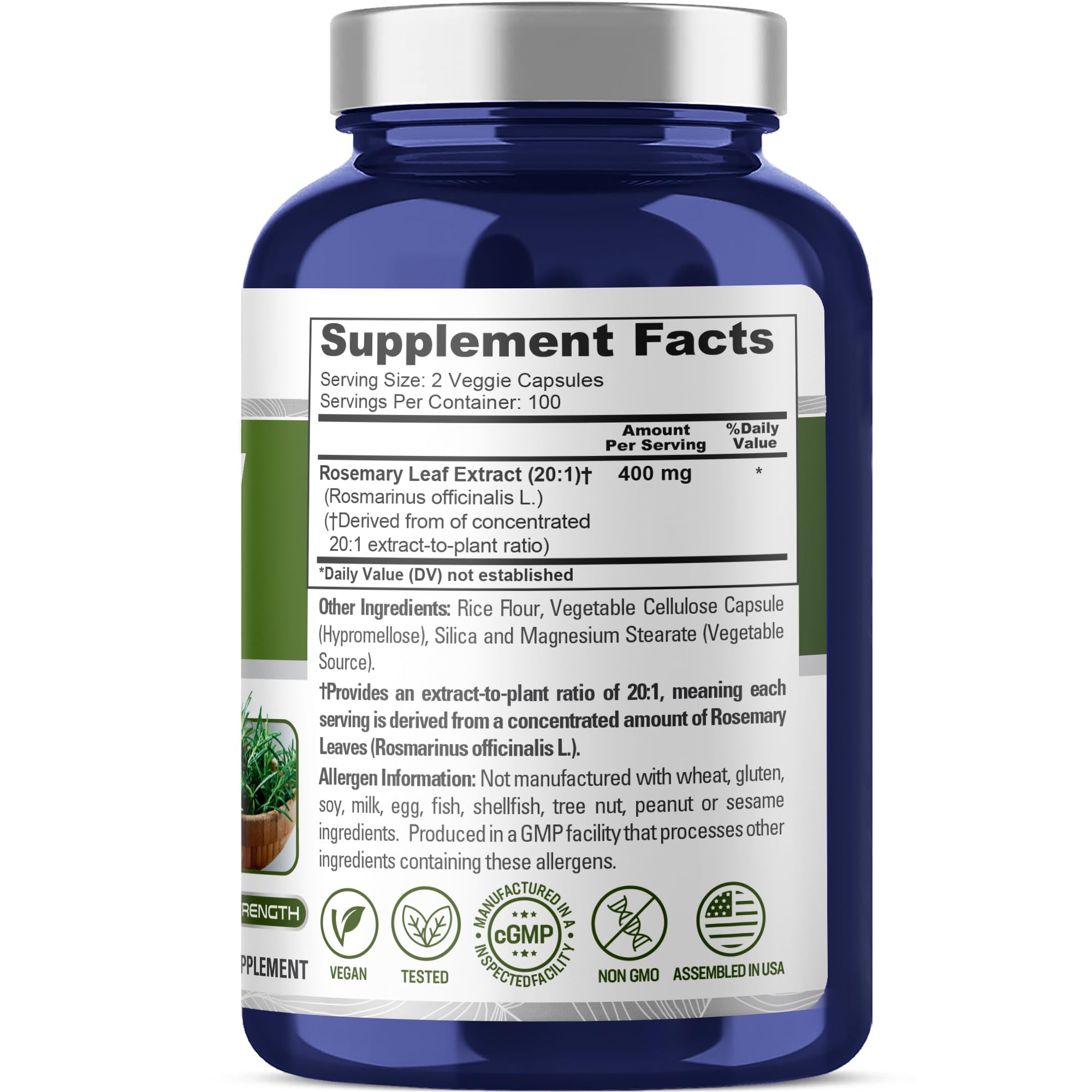 NusaPure Rosemary Capsules 200 vegan capsules side view