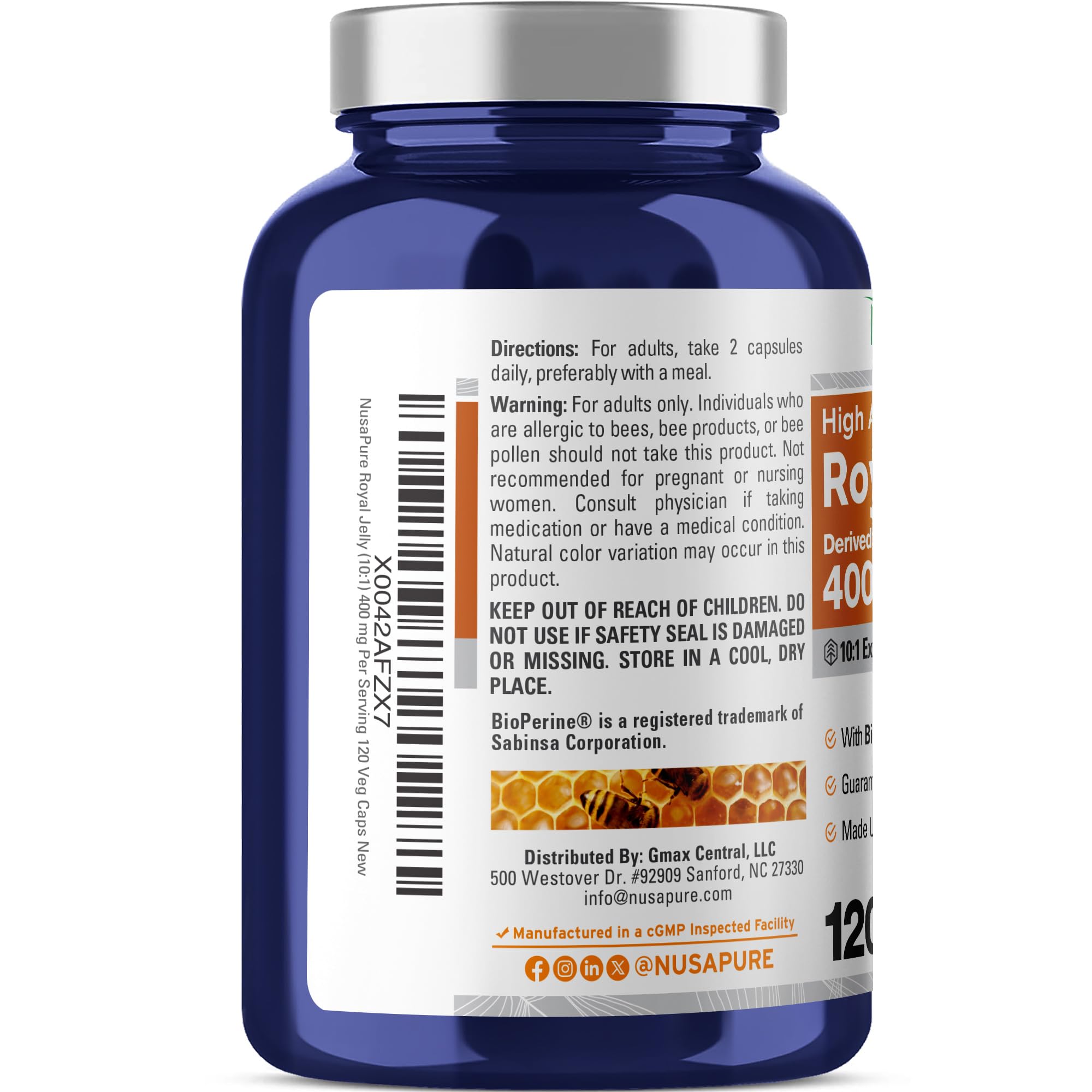 NusaPure Royal Jelly Capsules side view showing ingredients