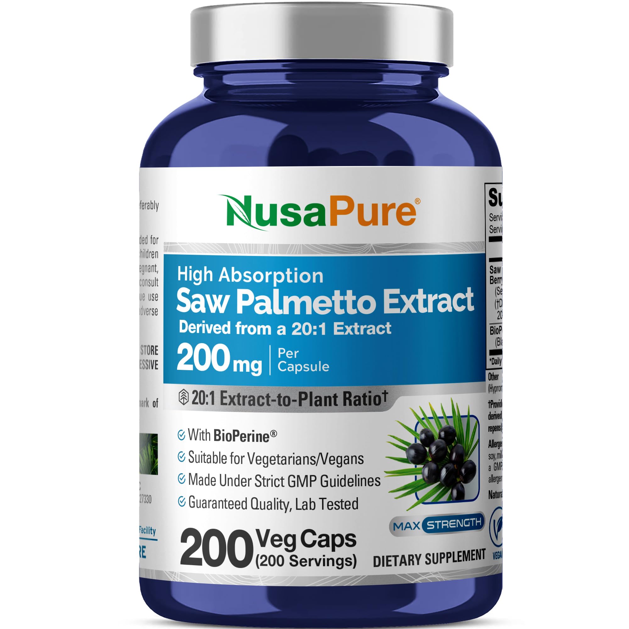 NusaPure Saw Palmetto Capsules 20:1 Extract bottle front view