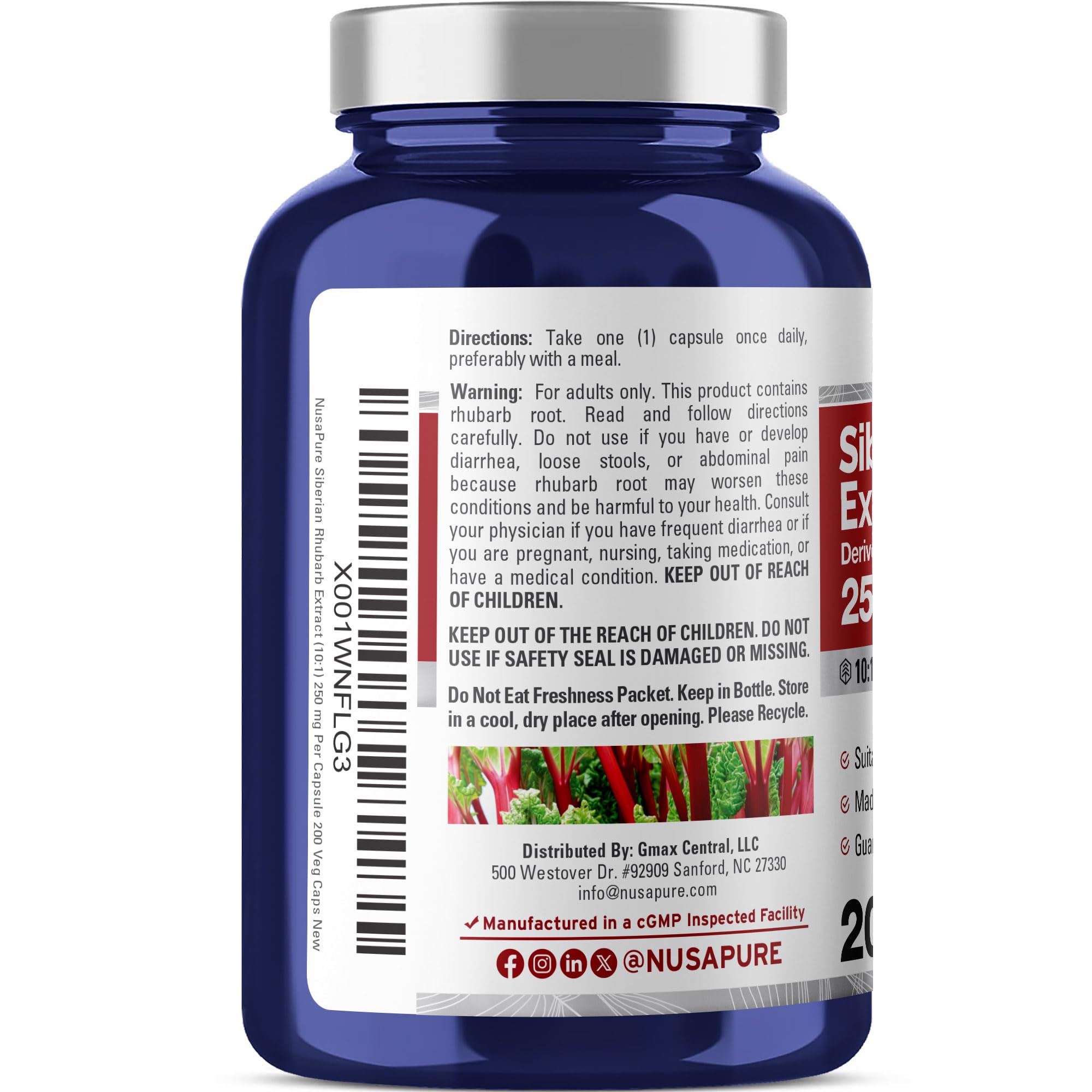 NusaPure Siberian Rhubarb Capsules open bottle with capsules visible