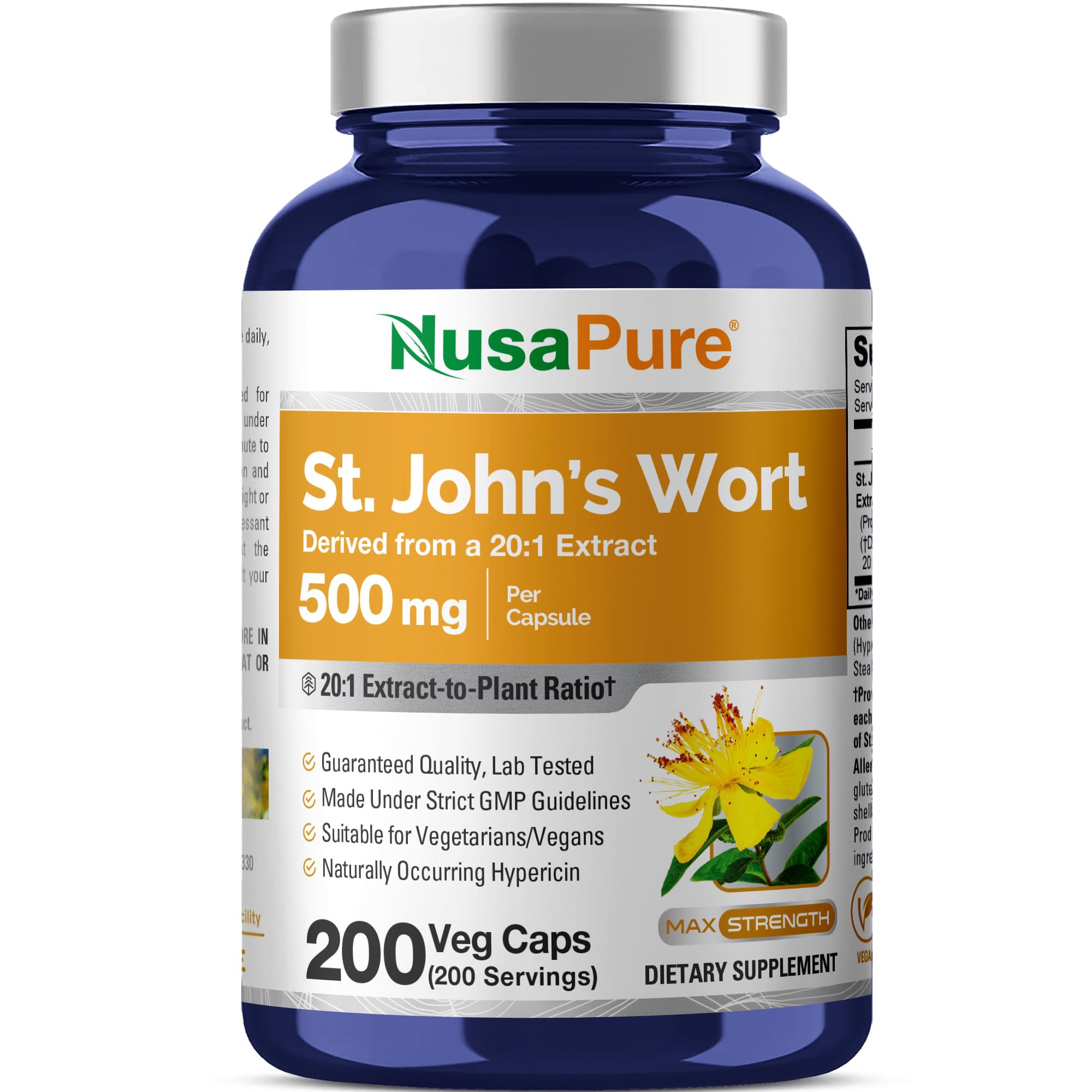 NusaPure St. John's Wort 500 mg capsules bottle front view