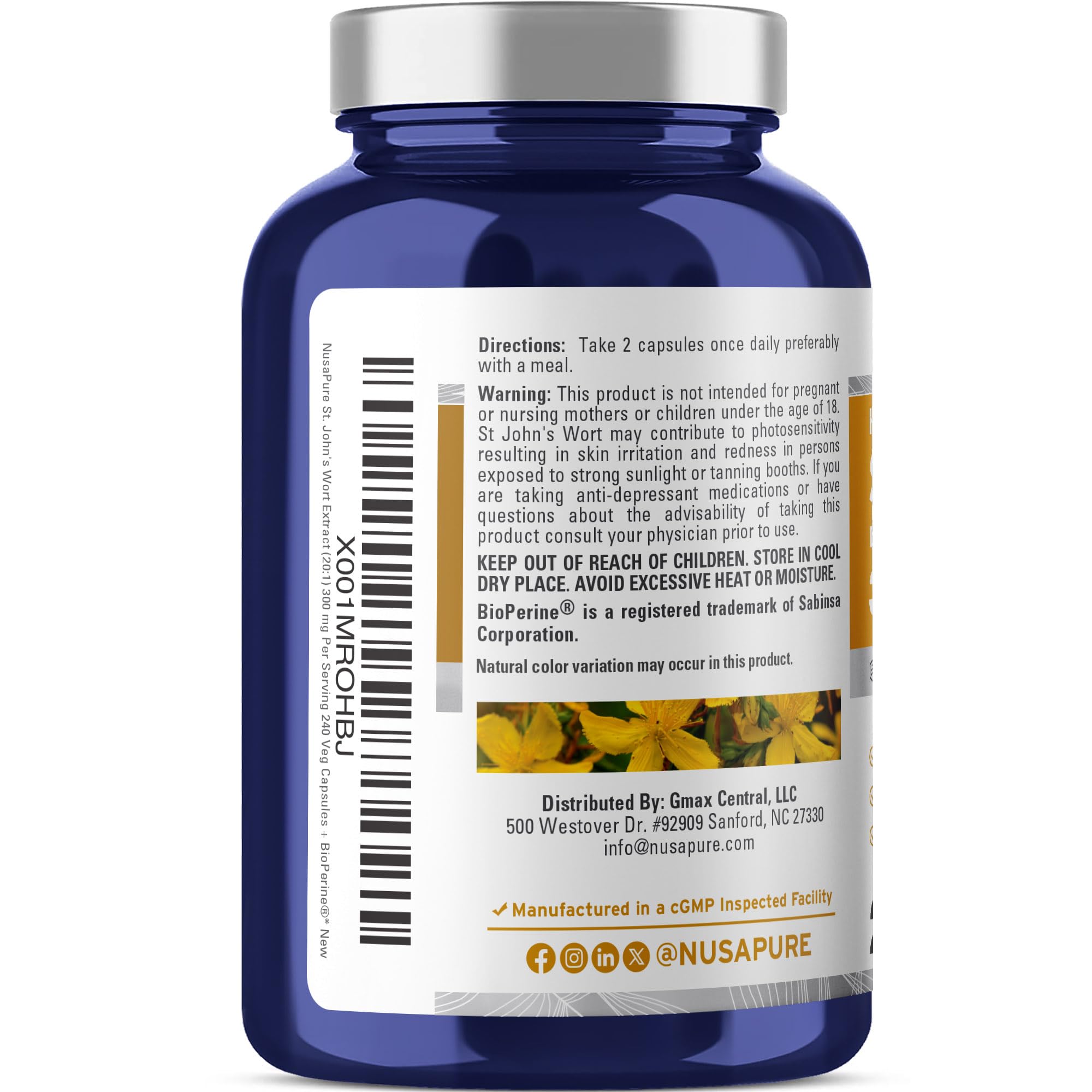 NusaPure St. John's Wort Capsules back view with ingredient list