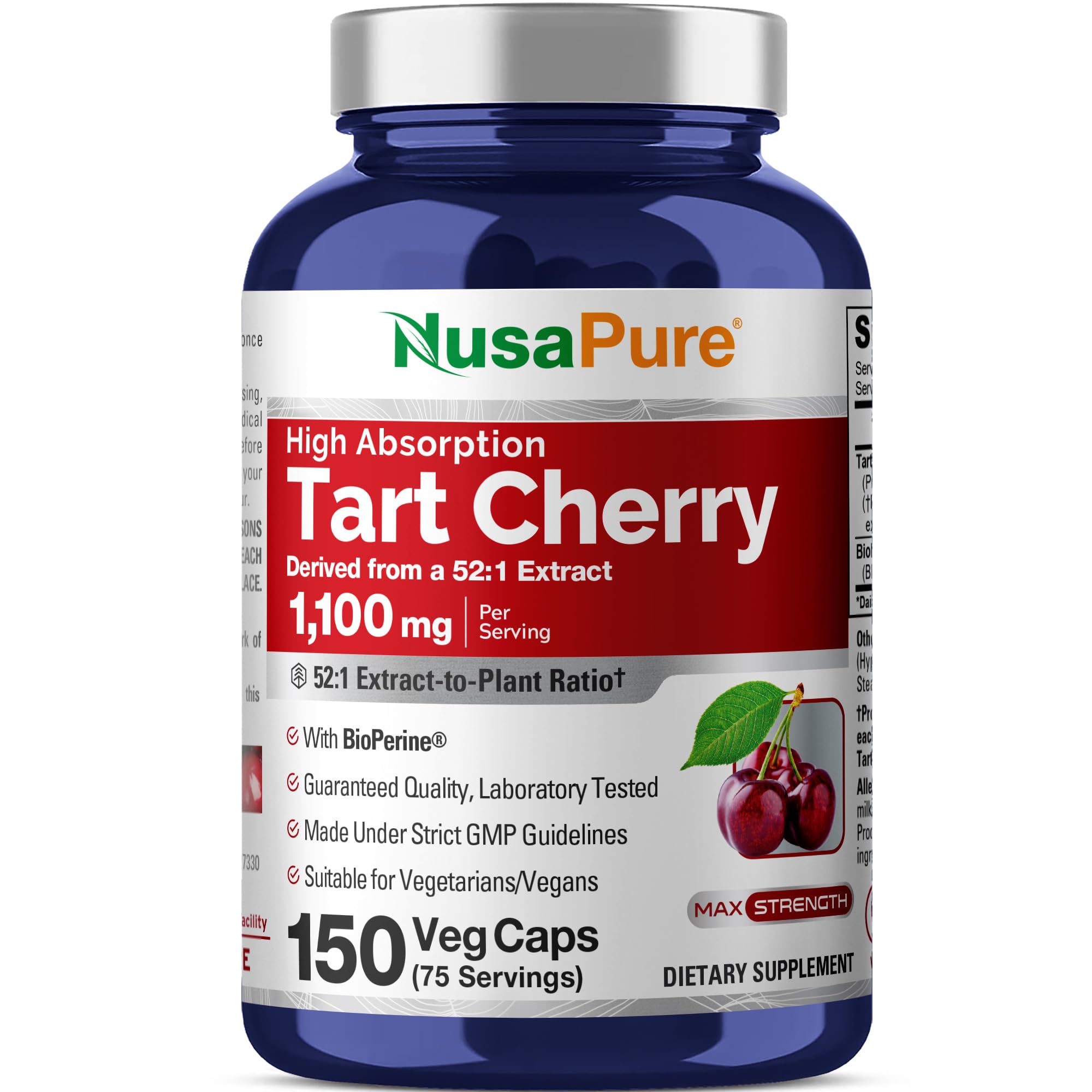 NusaPure Tart Cherry Extract 1100mg capsules bottle front view