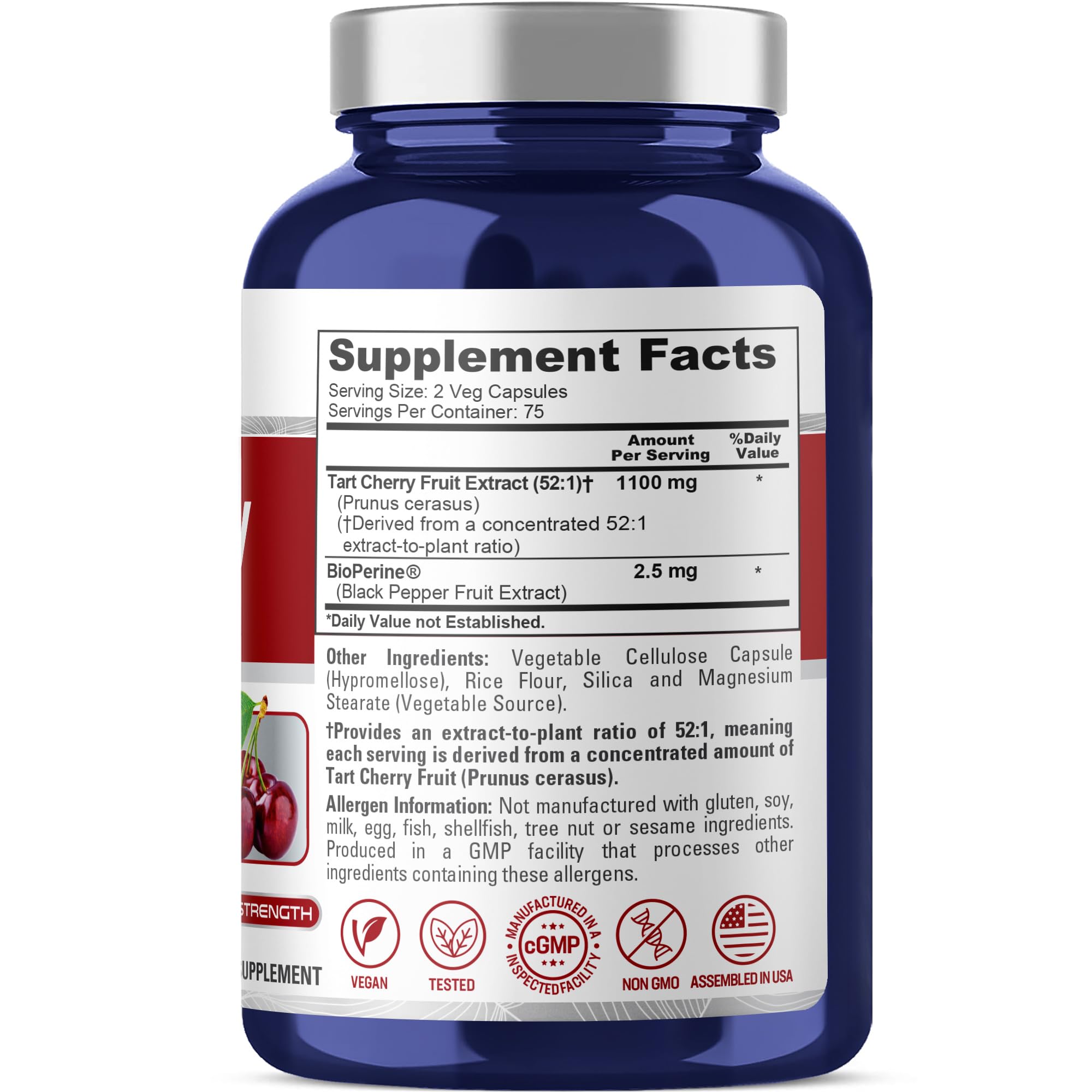 NusaPure Tart Cherry Extract 1100mg capsules bottle side view
