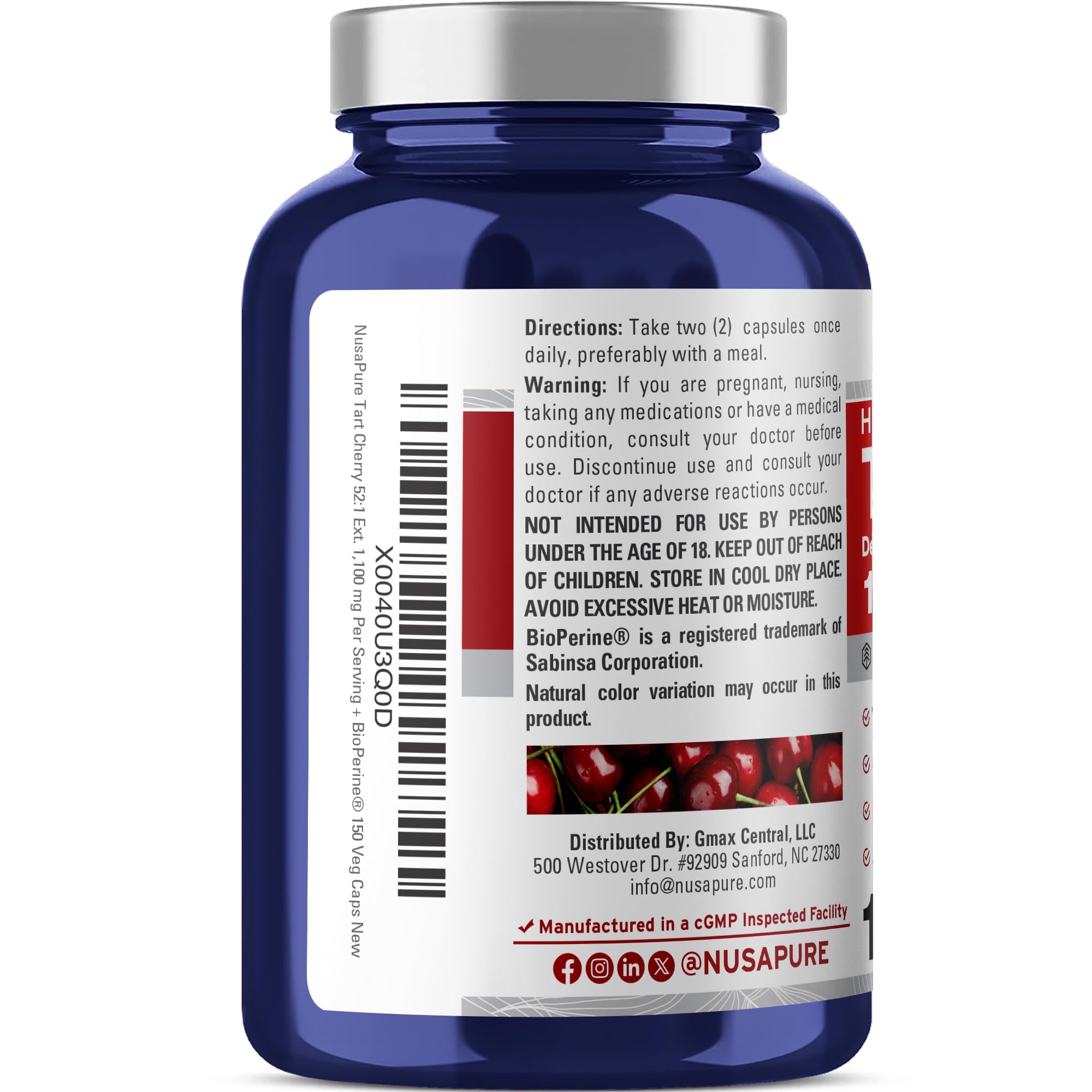 NusaPure Tart Cherry Extract 1100mg capsules close-up of capsules