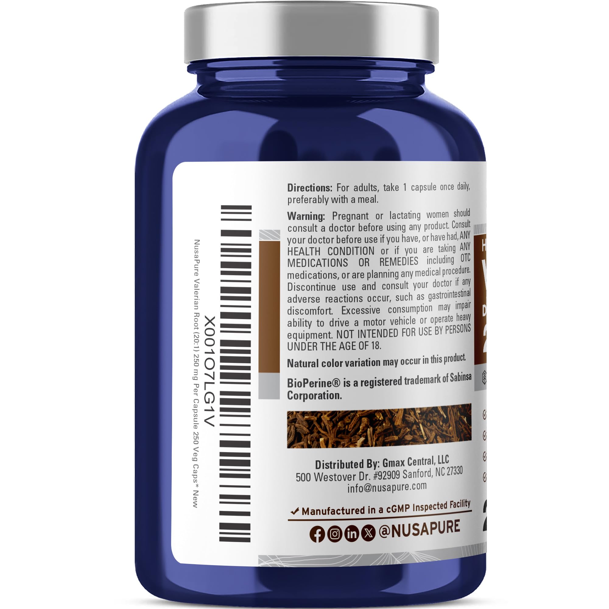 NusaPure Valerian Root Extract Capsules 250mg back view with ingredients