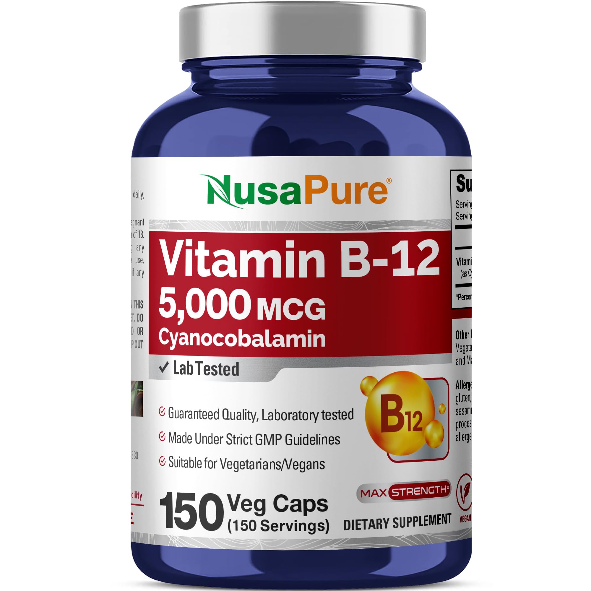 NusaPure Vitamin B12 5000mcg 150 Veggie Caps front view