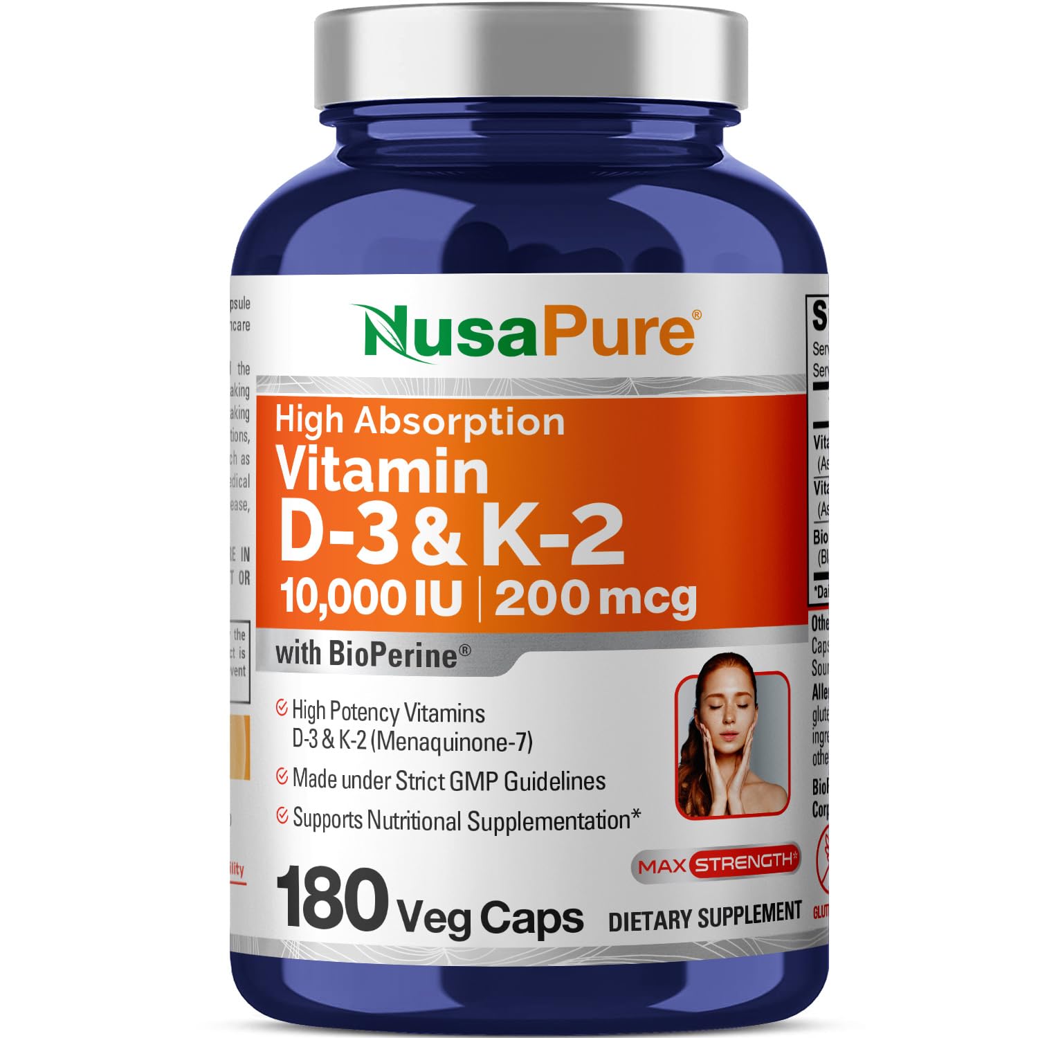 NusaPure Vitamin D3 & K2 Capsules 250mg + 200mcg bottle front view