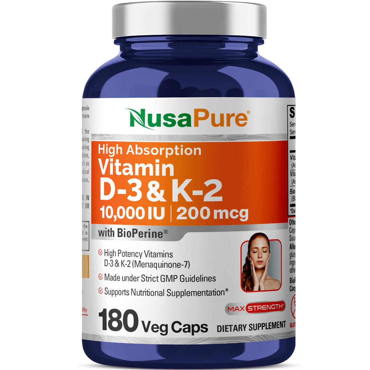 NusaPure Vitamin D3 & K2 Capsules 250mg + 200mcg bottle front view