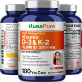 NusaPure Vitamin D3 & K2 Capsules bottle with capsules on a table