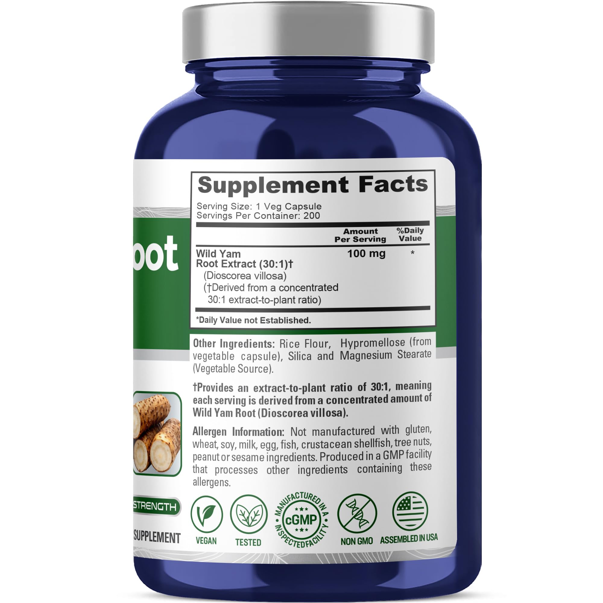 NusaPure Wild Yam Root 100mg 200 Veg Capsules side view