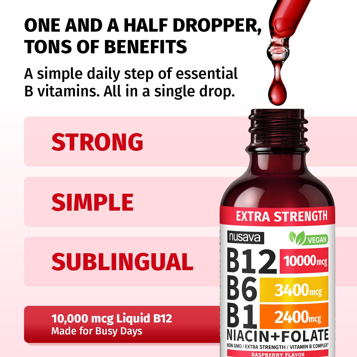 NUSAVA Extra Strength B12 Liquid Supplement dropper close-up