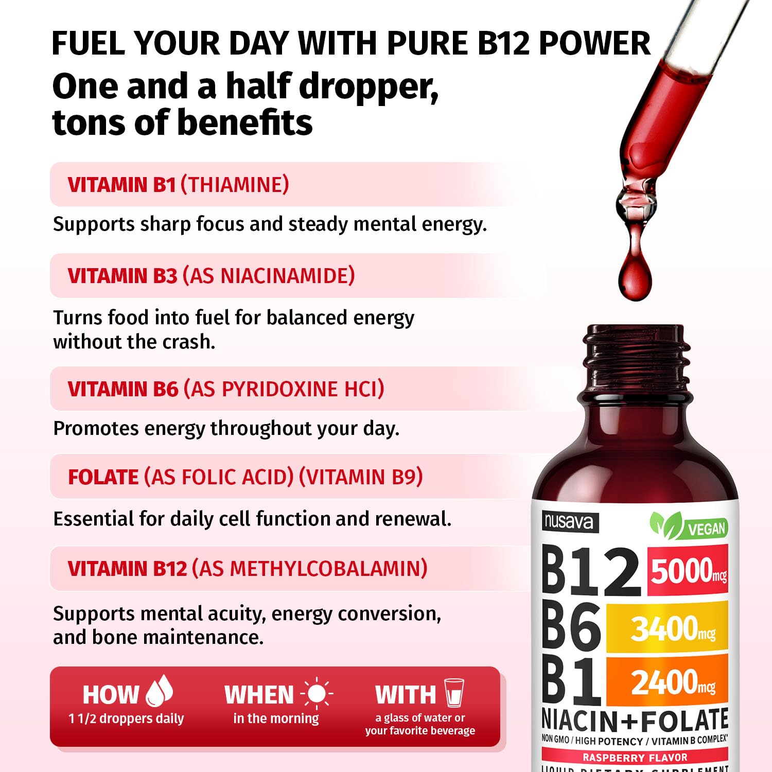 NUSAVA Liquid Vitamin B Complex 5000 mcg B12 serving size dropper