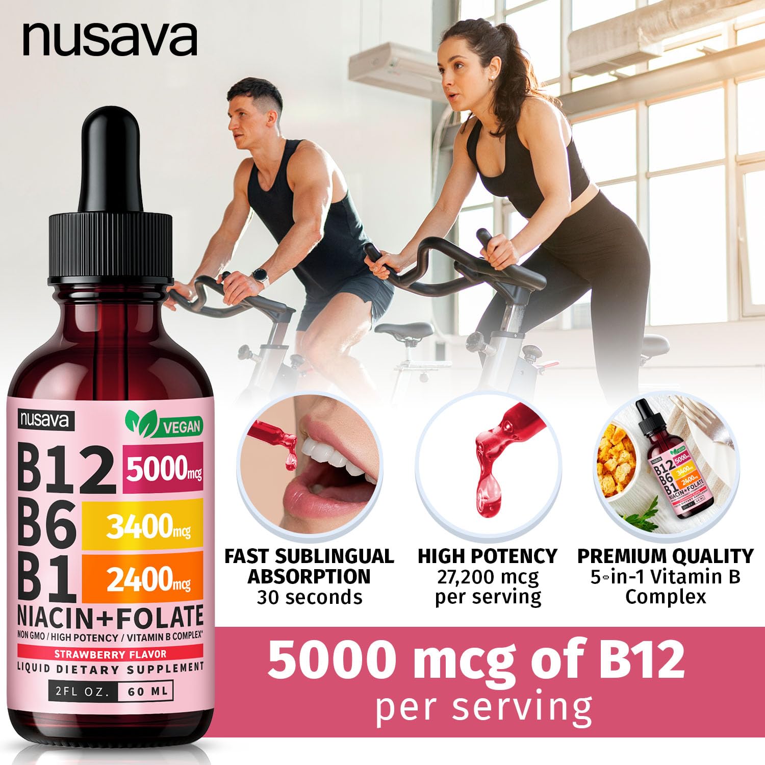 NUSAVA Liquid Vitamin B12 Drops 5000mcg with fresh fruits