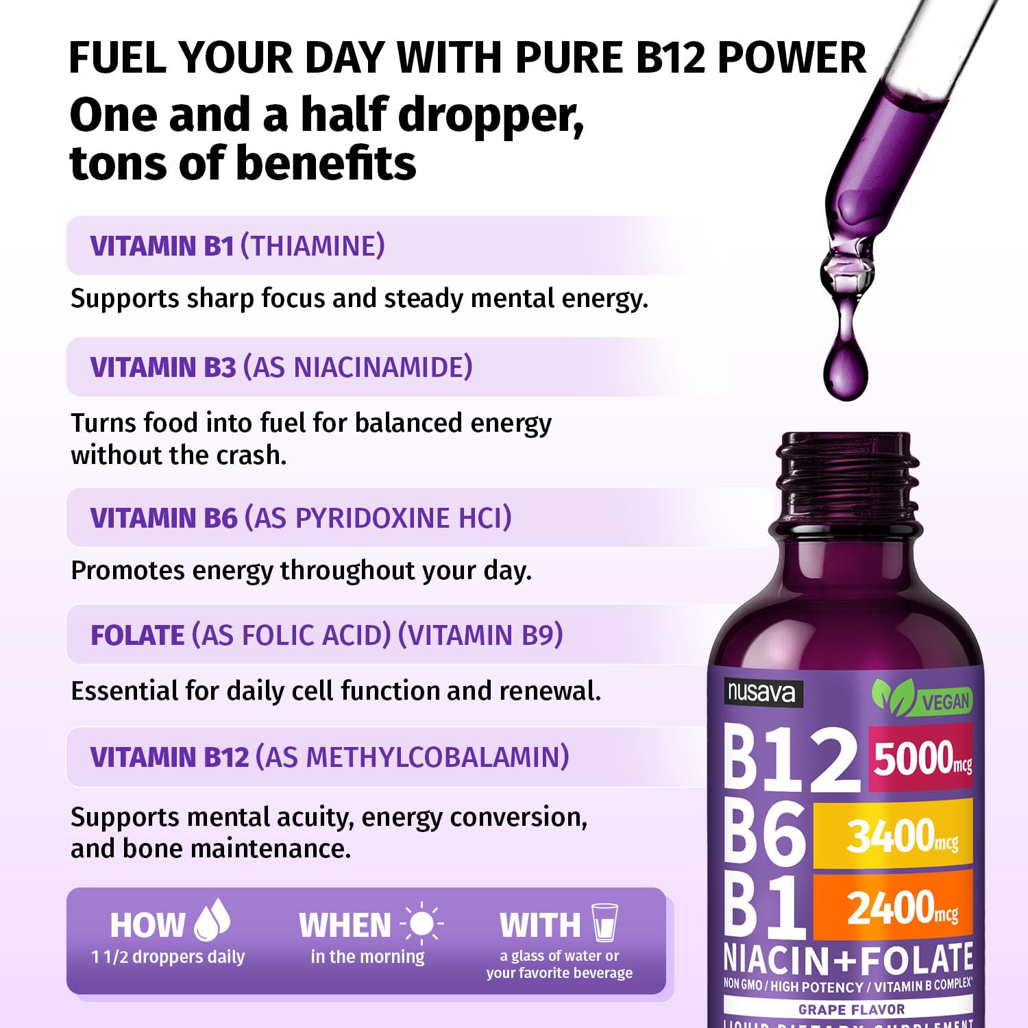 NUSAVA Liquid Vitamin B12 Drops bottle side view