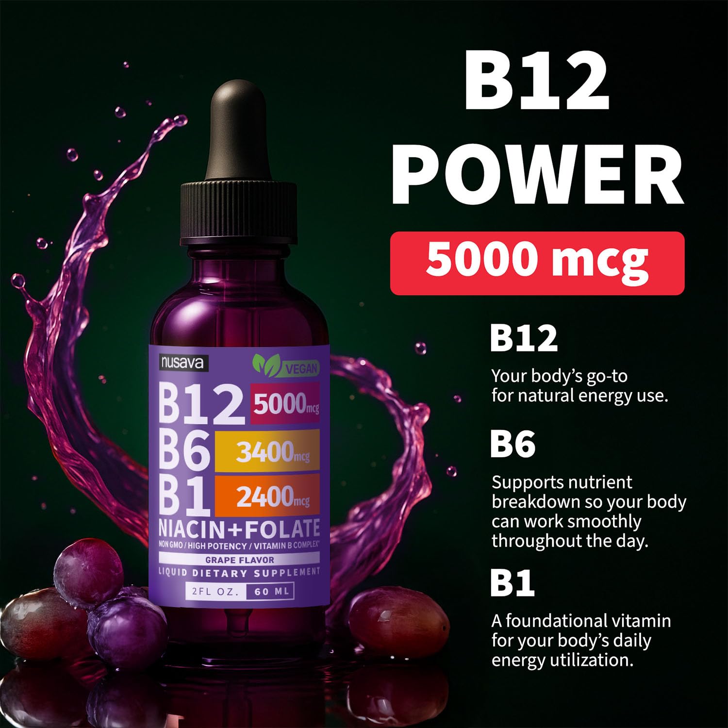 NUSAVA Liquid Vitamin B12 Drops on a wooden table