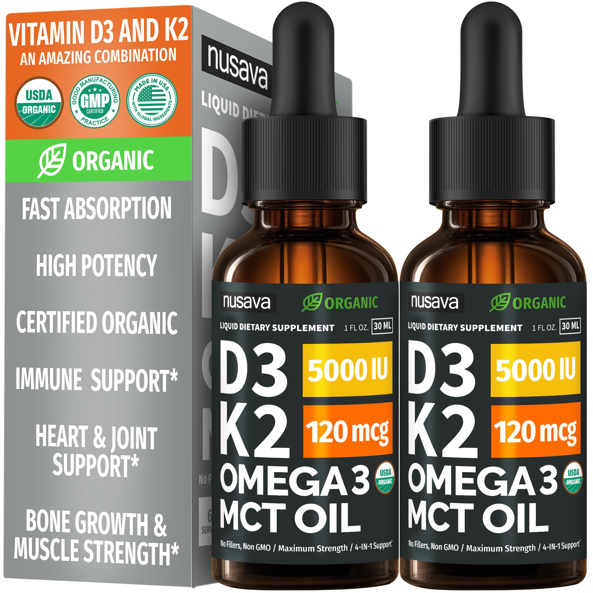 NUSAVA Liquid Vitamin D3 K2 bottle front view with dropper