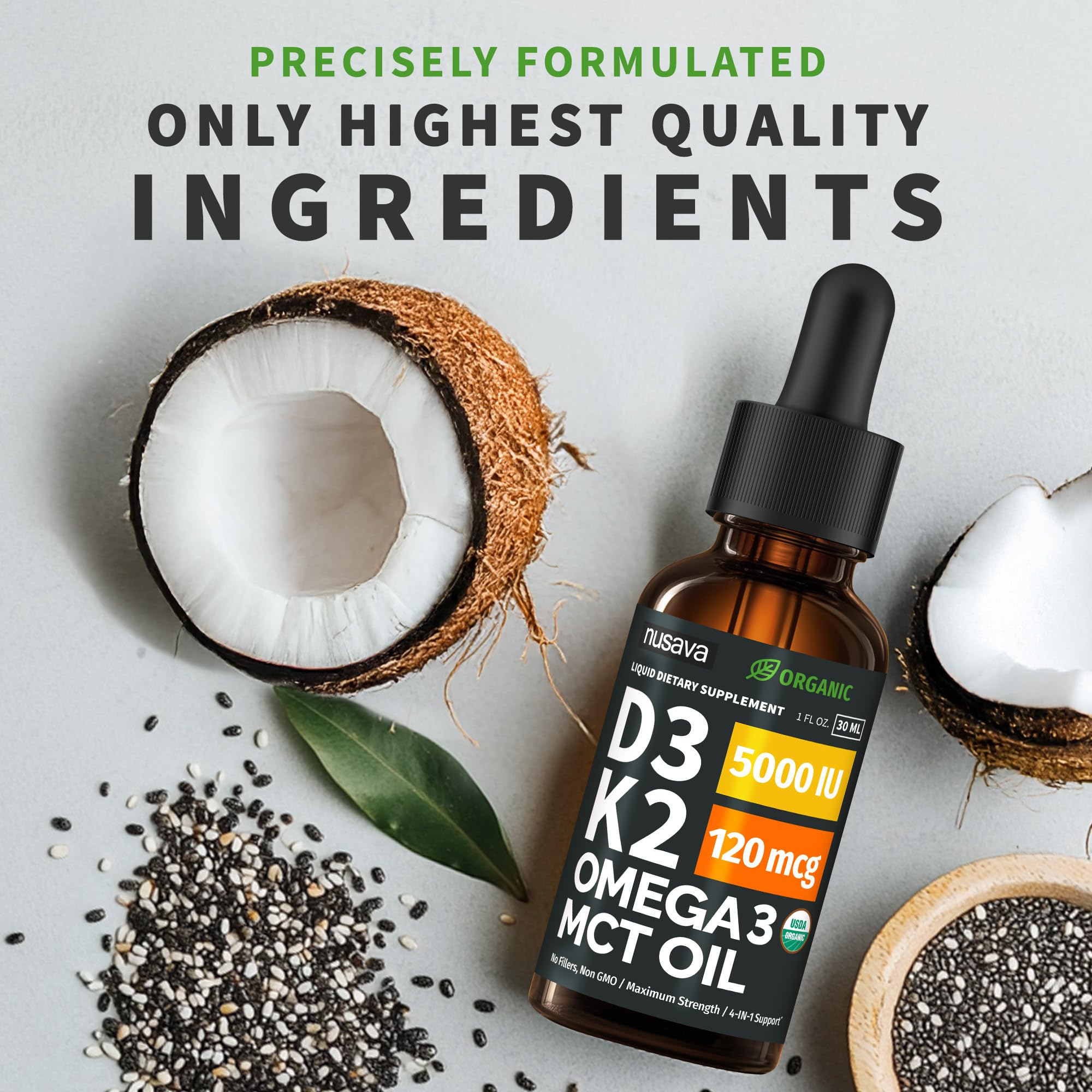 NUSAVA Liquid Vitamin D3 K2 bottle with organic ingredients displayed