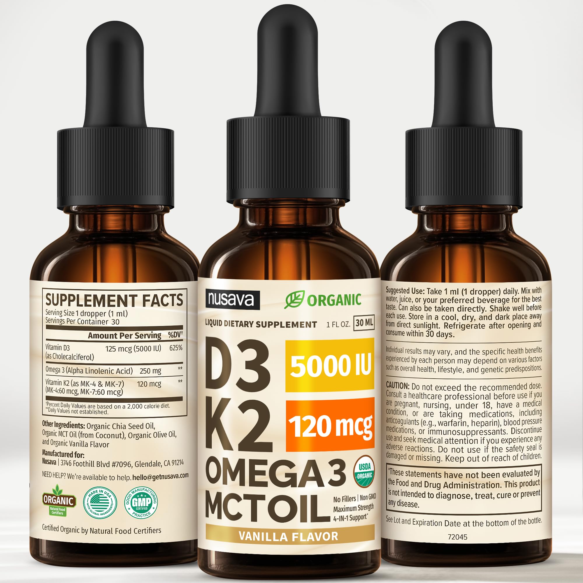 NUSAVA Liquid Vitamin D3 K2 Supplement dosage information