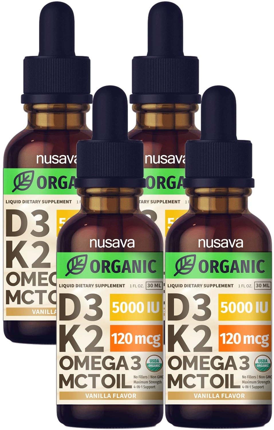 NUSAVA Liquid Vitamin D3 K2 Supplement front view with dropper
