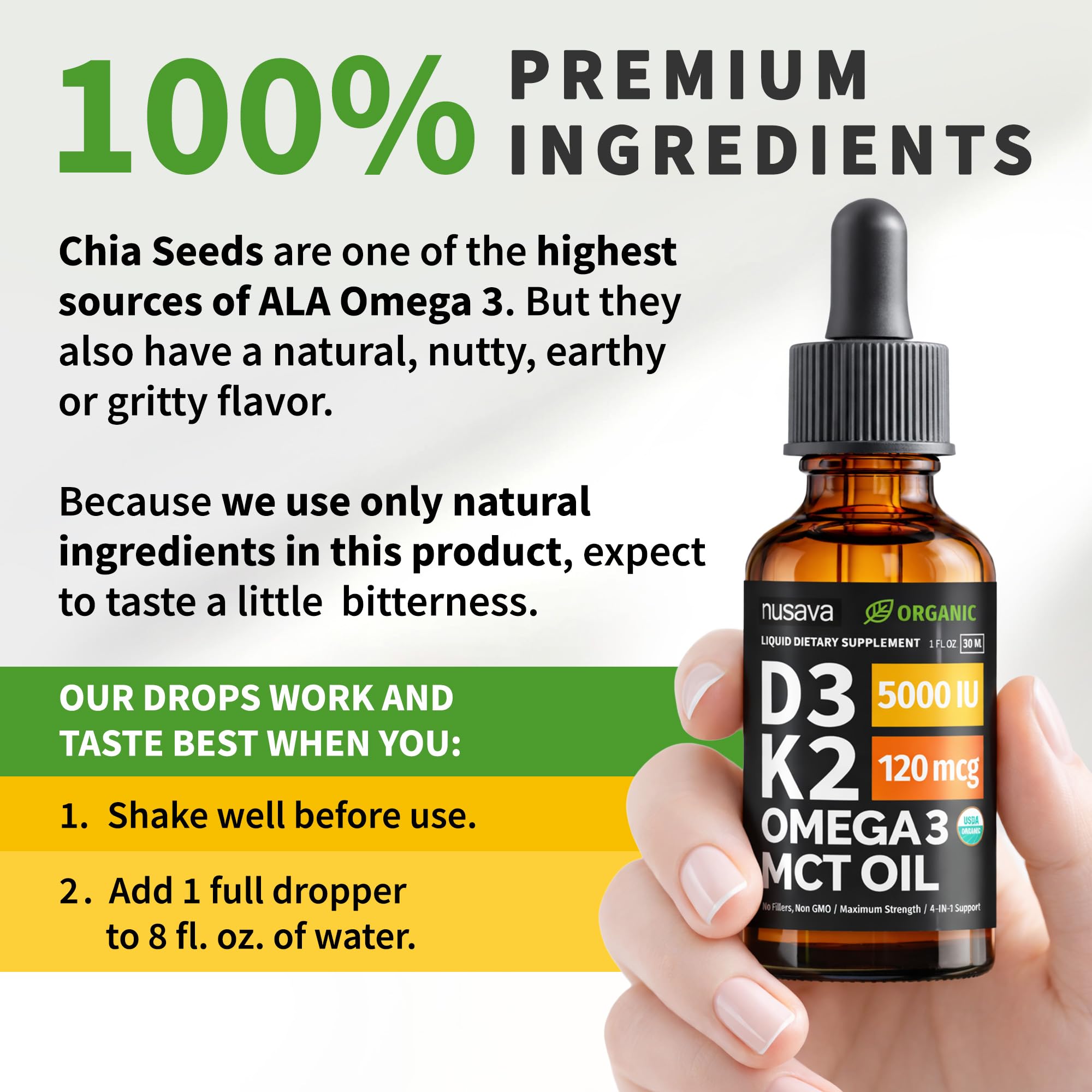 NUSAVA Liquid Vitamin D3 K2 Supplement on a wooden table