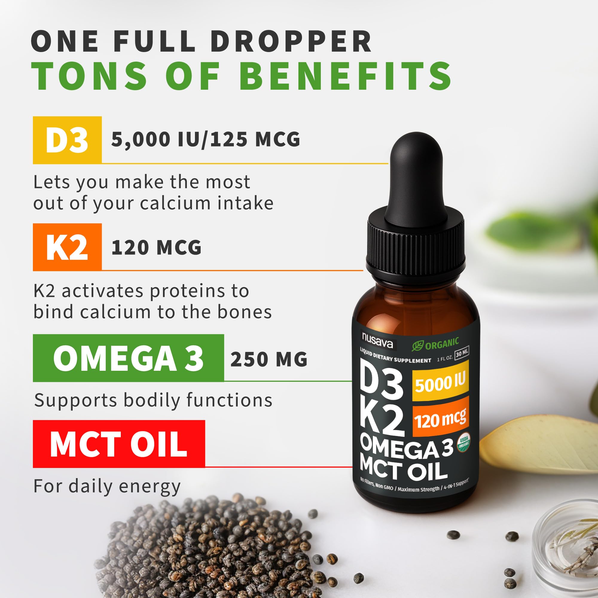 NUSAVA Liquid Vitamin D3 K2 Supplement packaging with ingredients