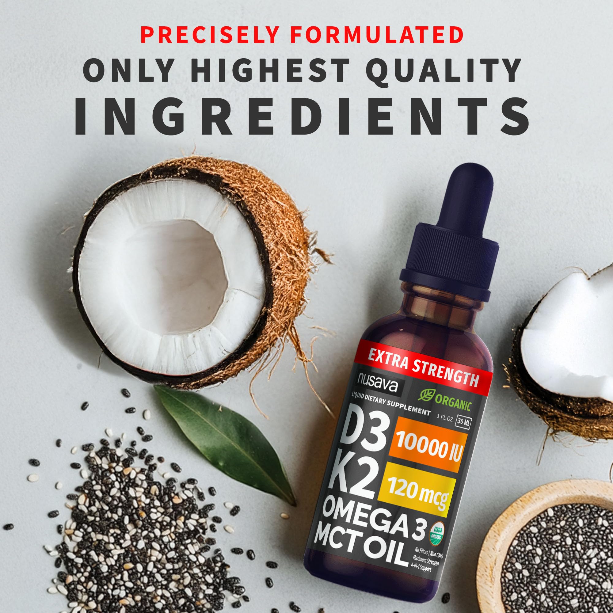 NUSAVA Liquid Vitamin D3 & K2 Supplement with a measuring spoon