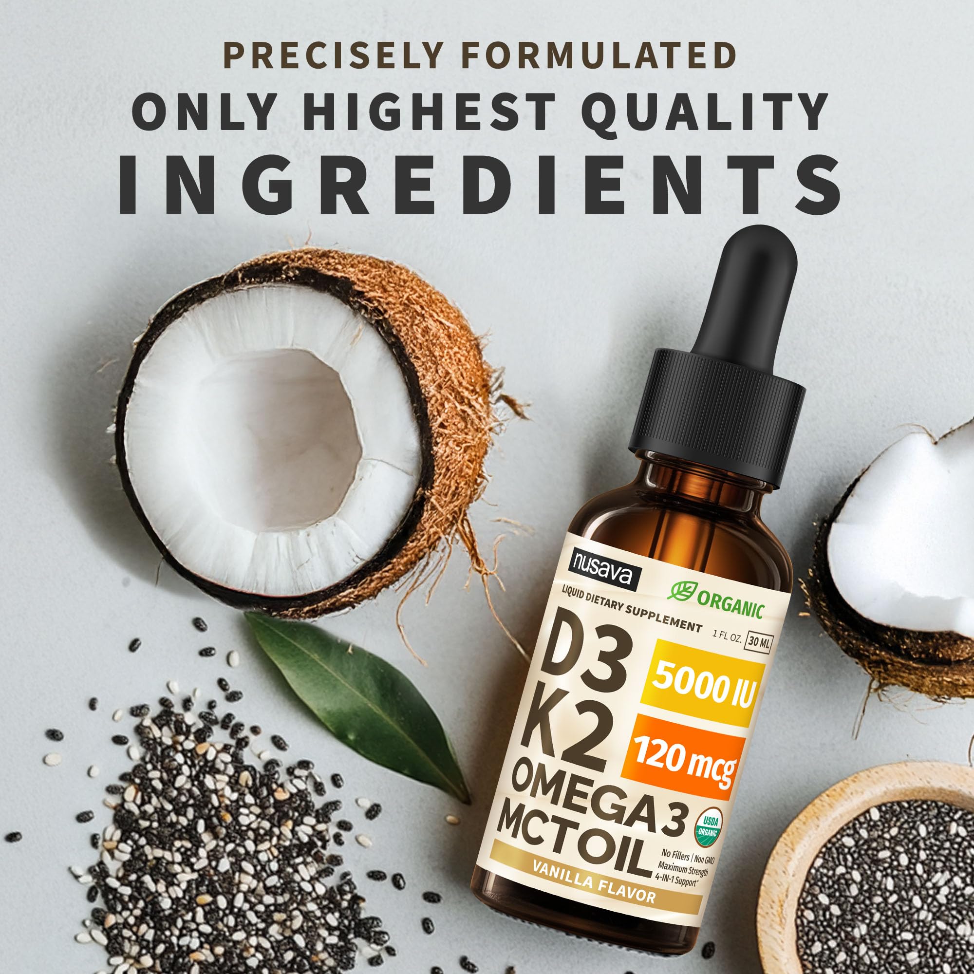 NUSAVA Liquid Vitamin D3 K2 Supplement with chia seed oil