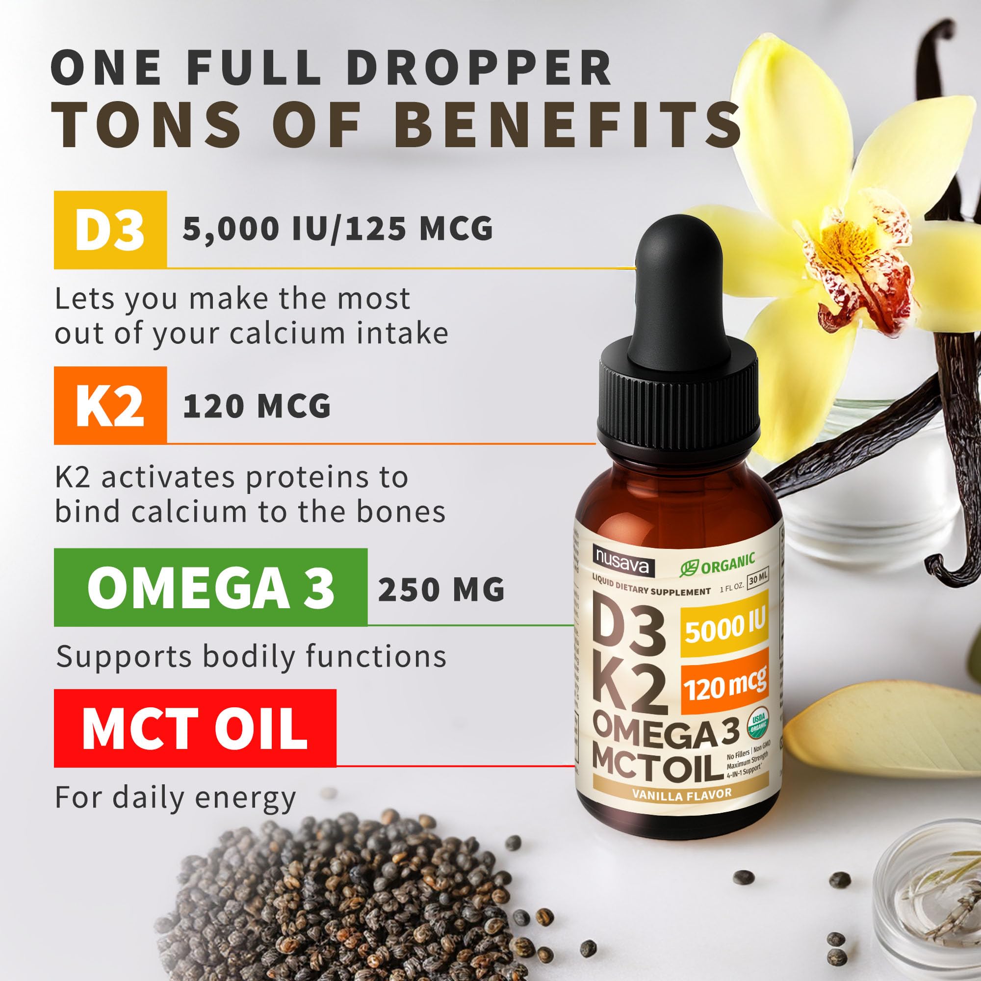 NUSAVA Liquid Vitamin D3 K2 Supplement with measuring dropper