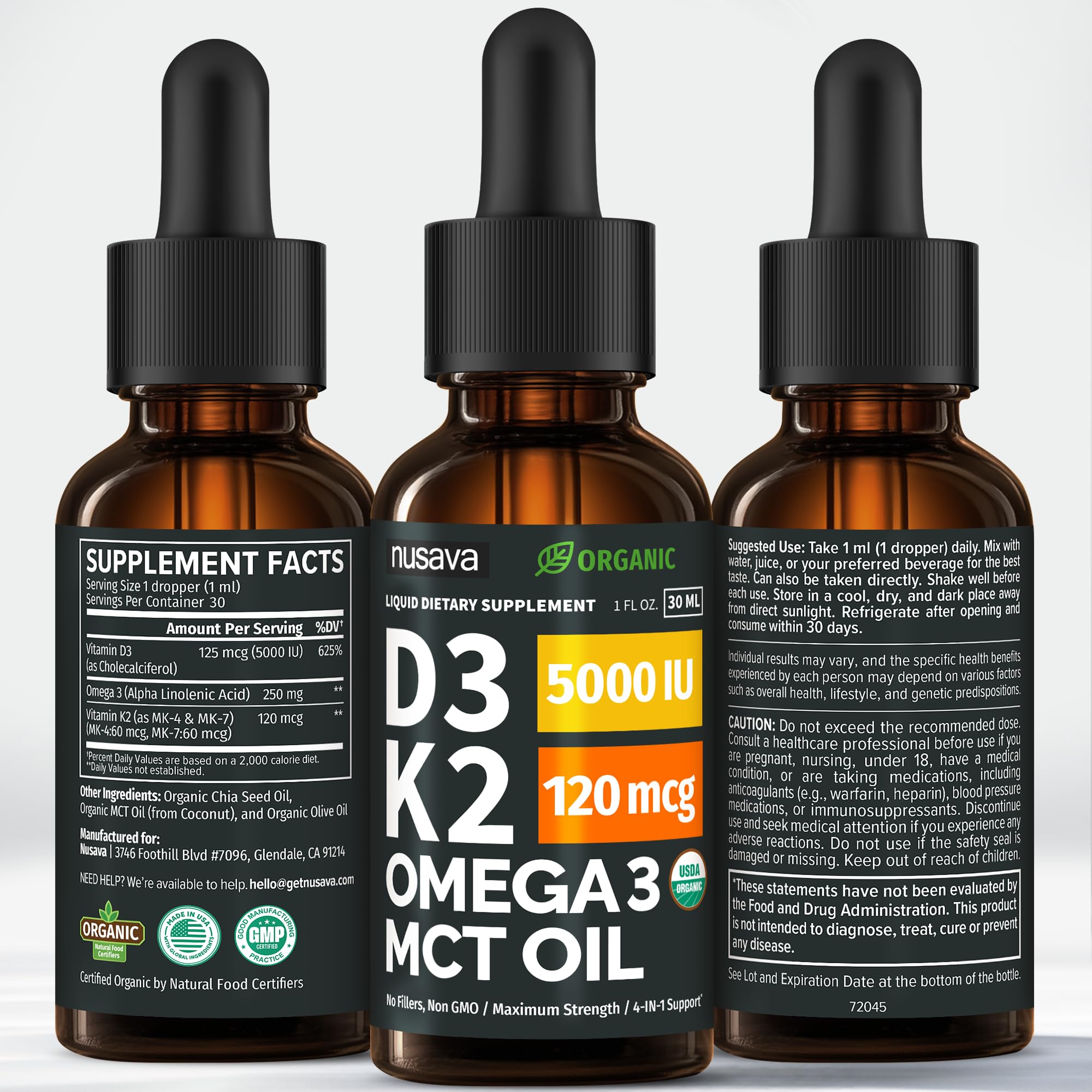 NUSAVA Liquid Vitamin D3 K2 with Omega-3 on a wooden table