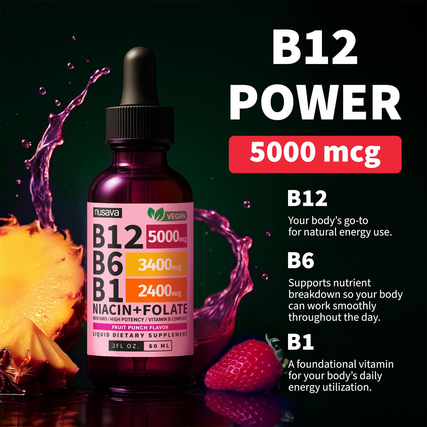 NUSAVA Vitamin B12 Drops 5000mcg dropper close-up