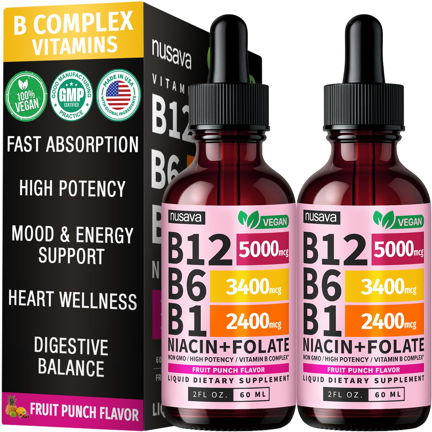NUSAVA Vitamin B12 Drops 5000mcg front view with dropper