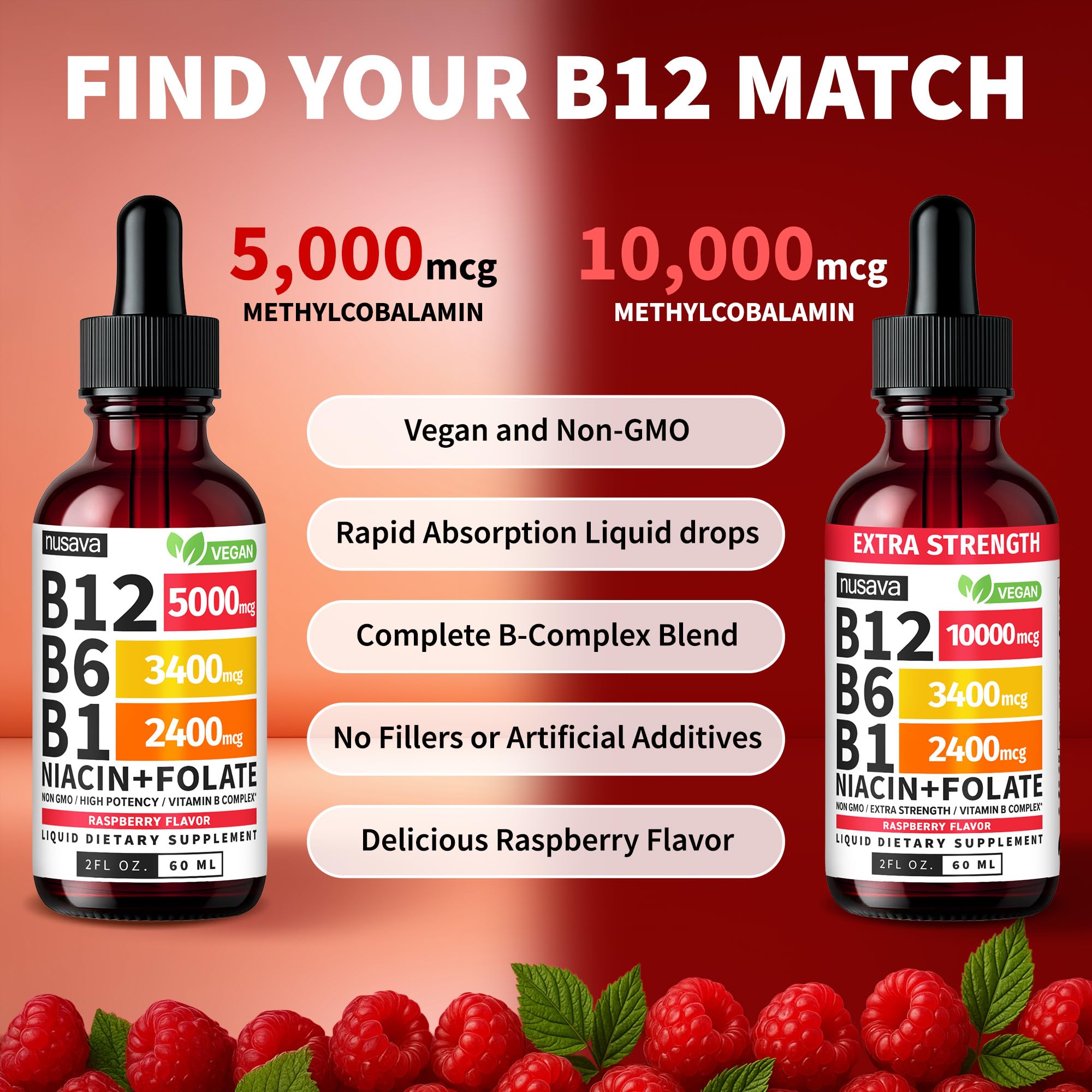 NUSAVA Vitamin B12 Drops 5000mcg with a measuring spoon