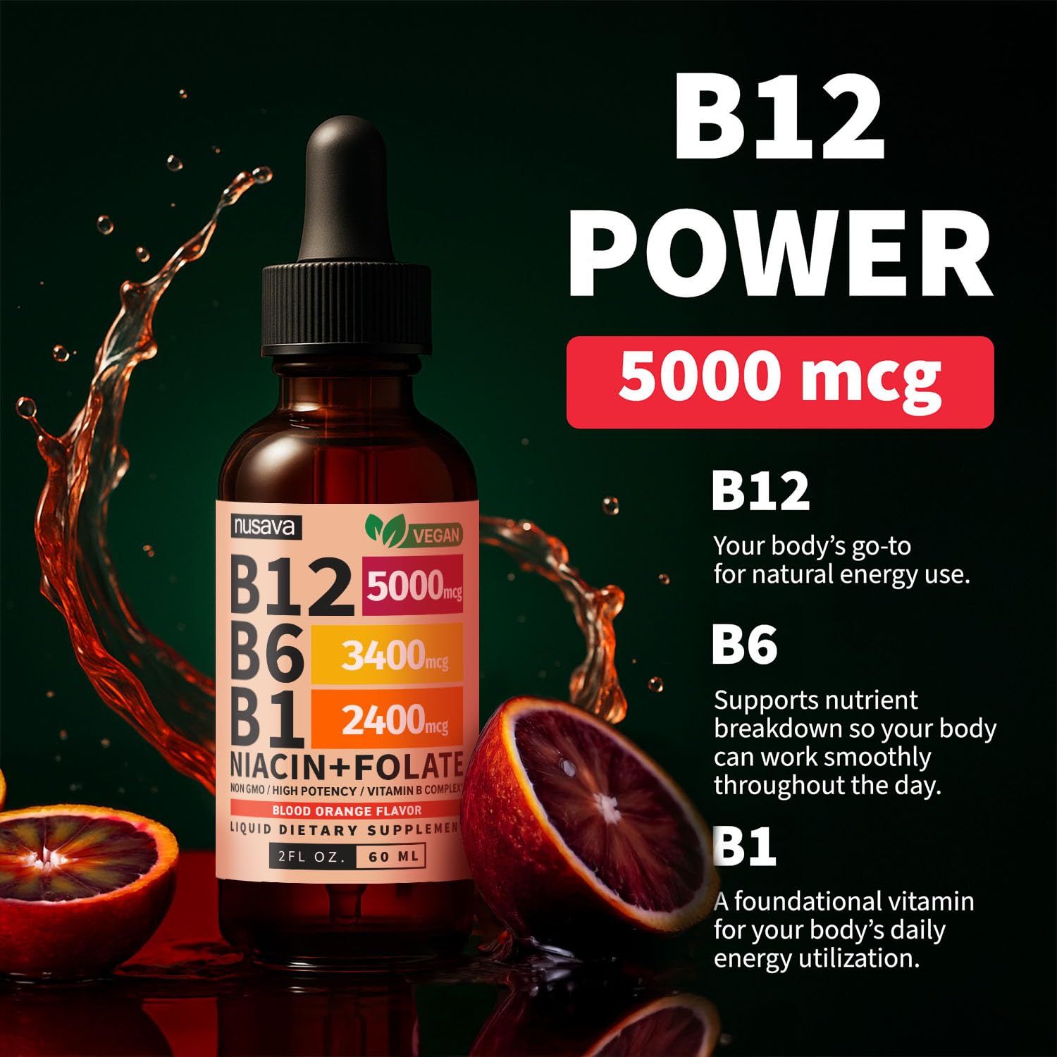 NUSAVA Vitamin B12 Liquid Drops 5000mcg on a wooden table
