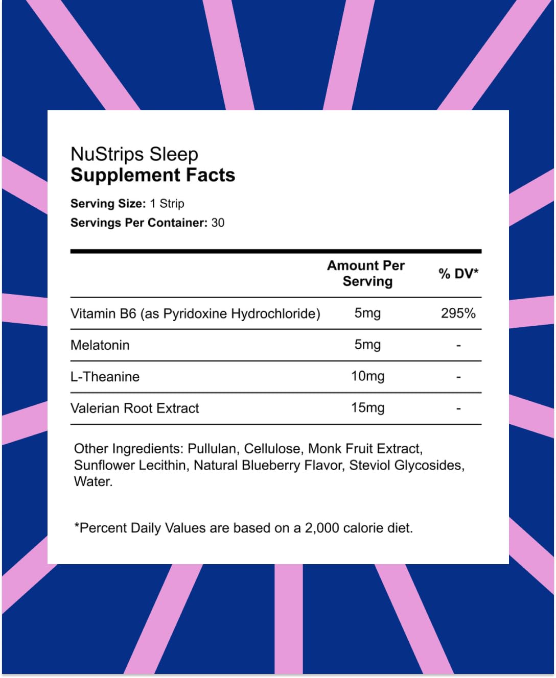NuStrips Fast-Dissolving Sleep Strips back view showing nutritional info