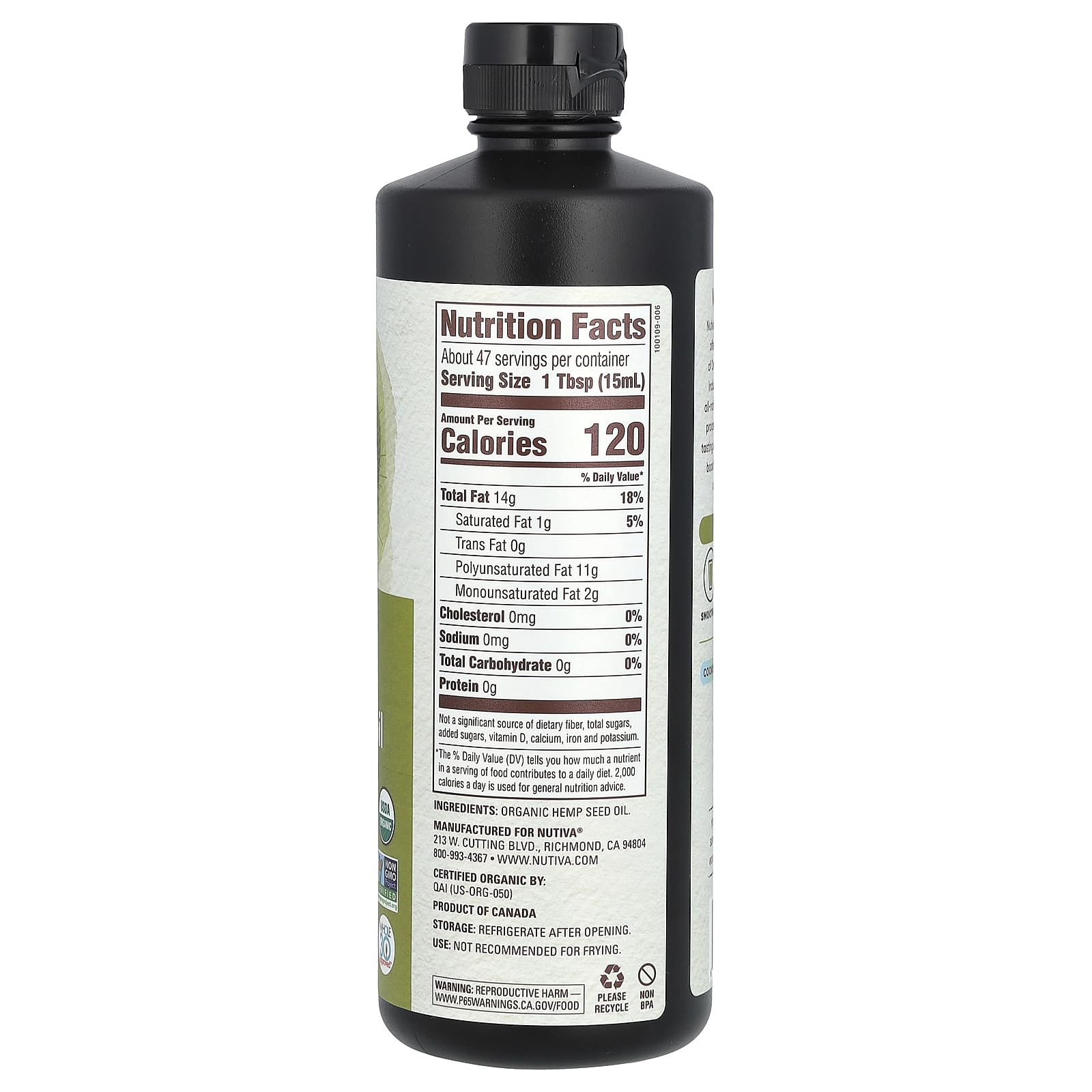 Nutiva Organic Cold-Pressed Unrefined Hemp Seed Oil 680g back view with nutritional information