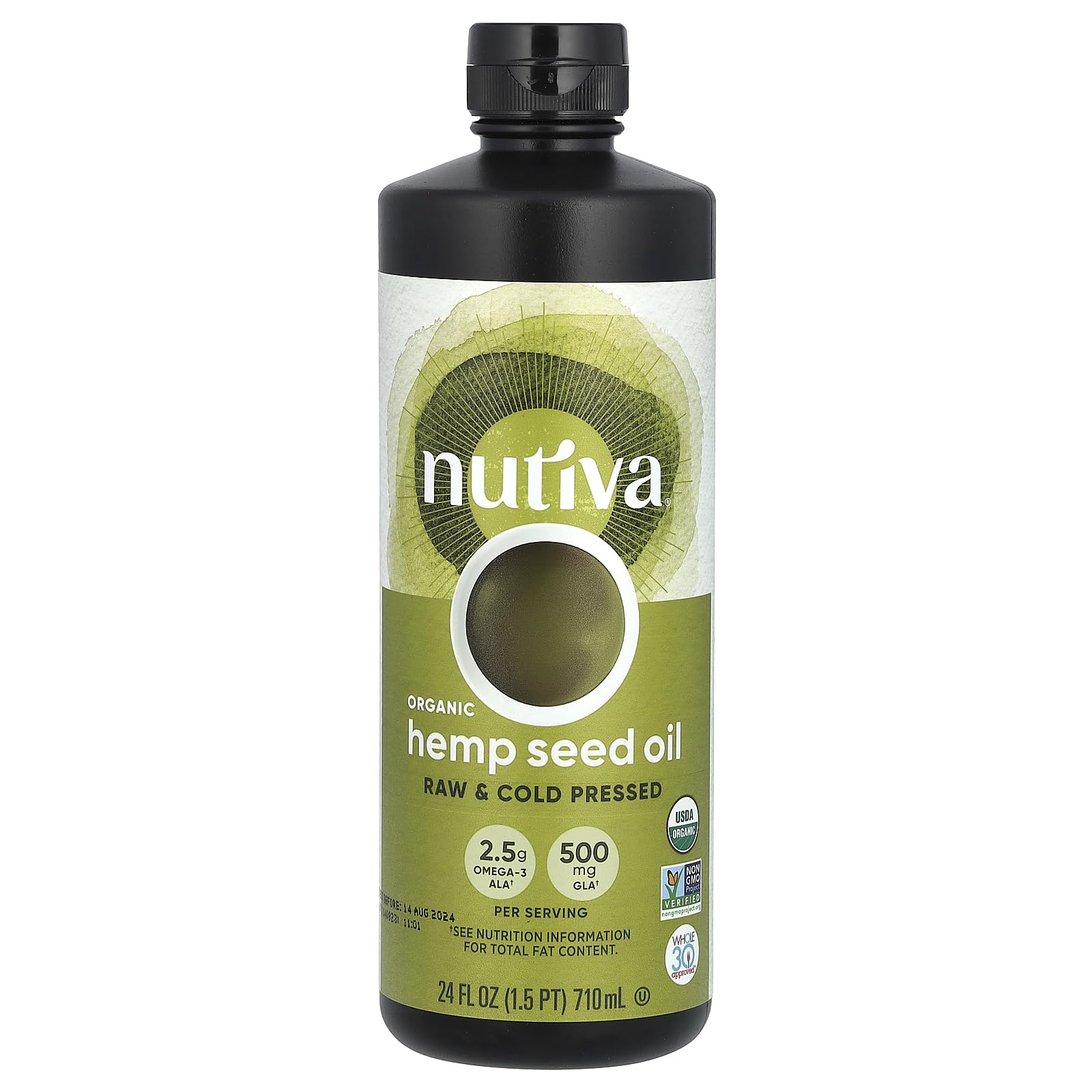 Nutiva Organic Cold-Pressed Unrefined Hemp Seed Oil 680g front view