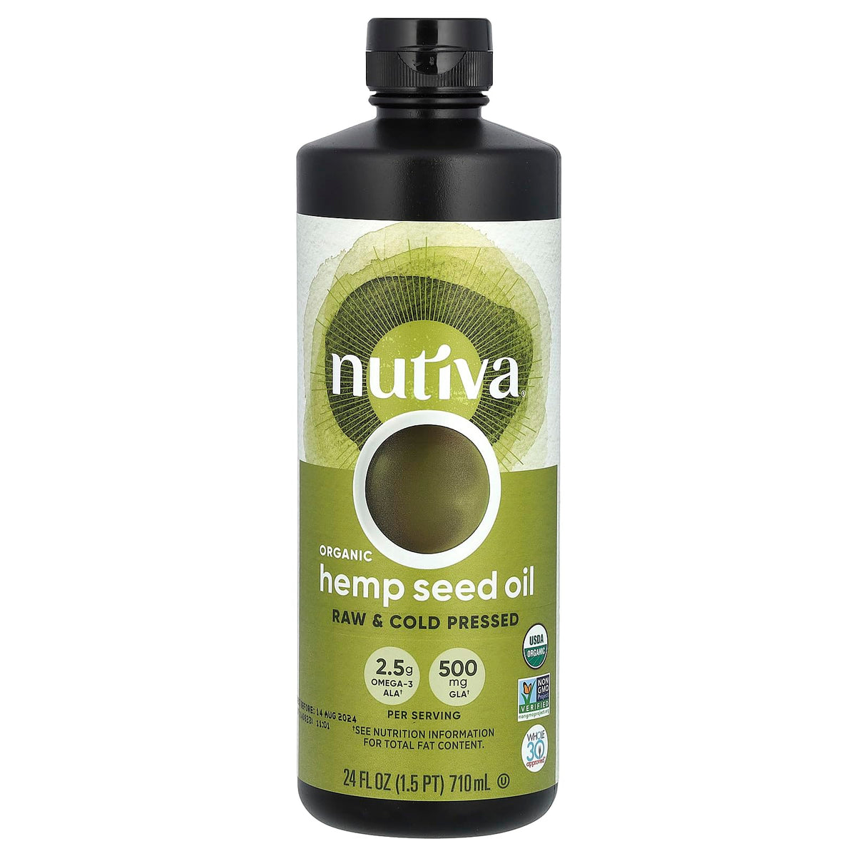 Nutiva Organic Cold-Pressed Unrefined Hemp Seed Oil 680g front view