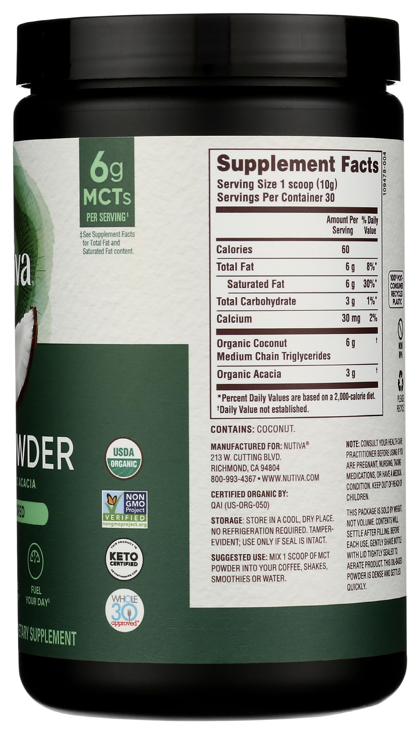 Nutiva Organic MCT Powder 299g ingredients list