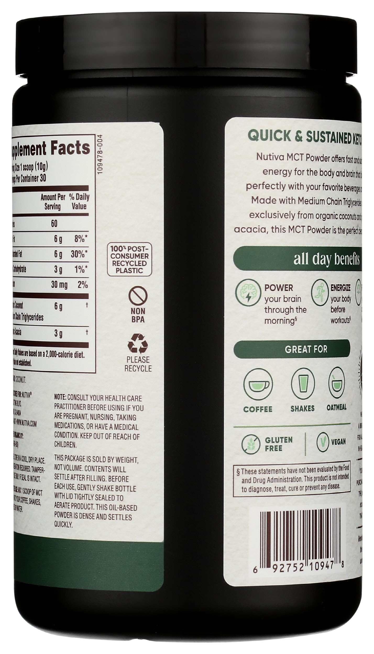 Nutiva Organic MCT Powder 299g packaging details
