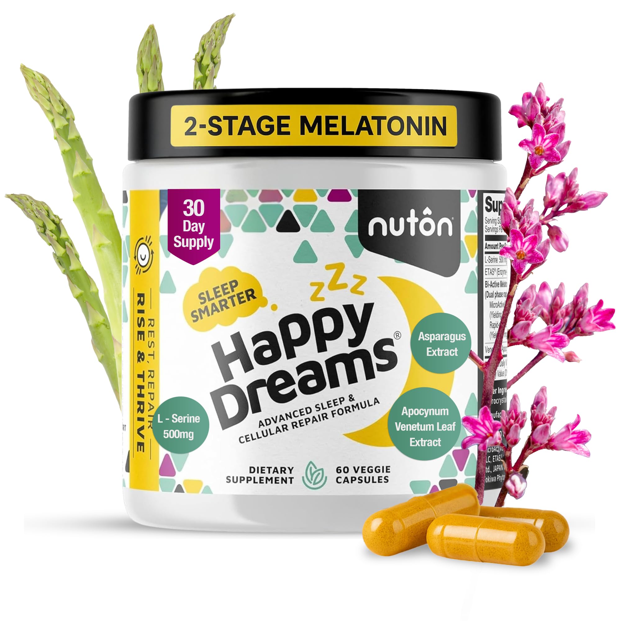 Nuton Happy Dreams Natural Sleep Aid Supplement 60 Capsules front view