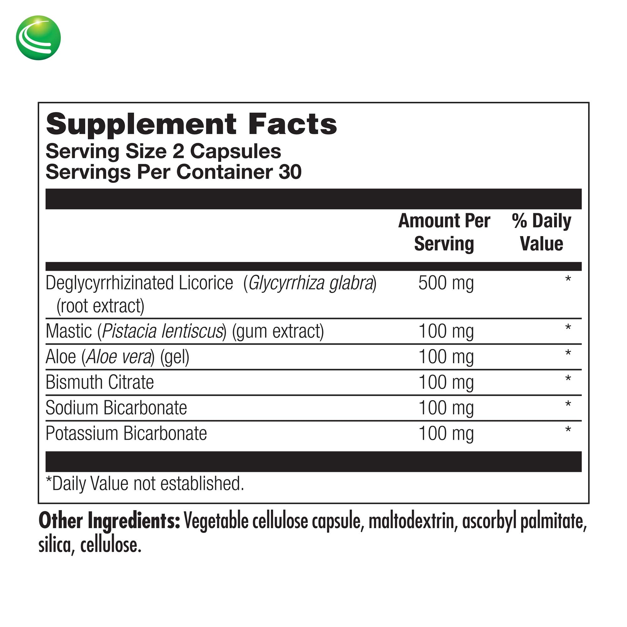 Nutra BioGenesis Gastric Support Complex 500mg DGL Capsules on a table