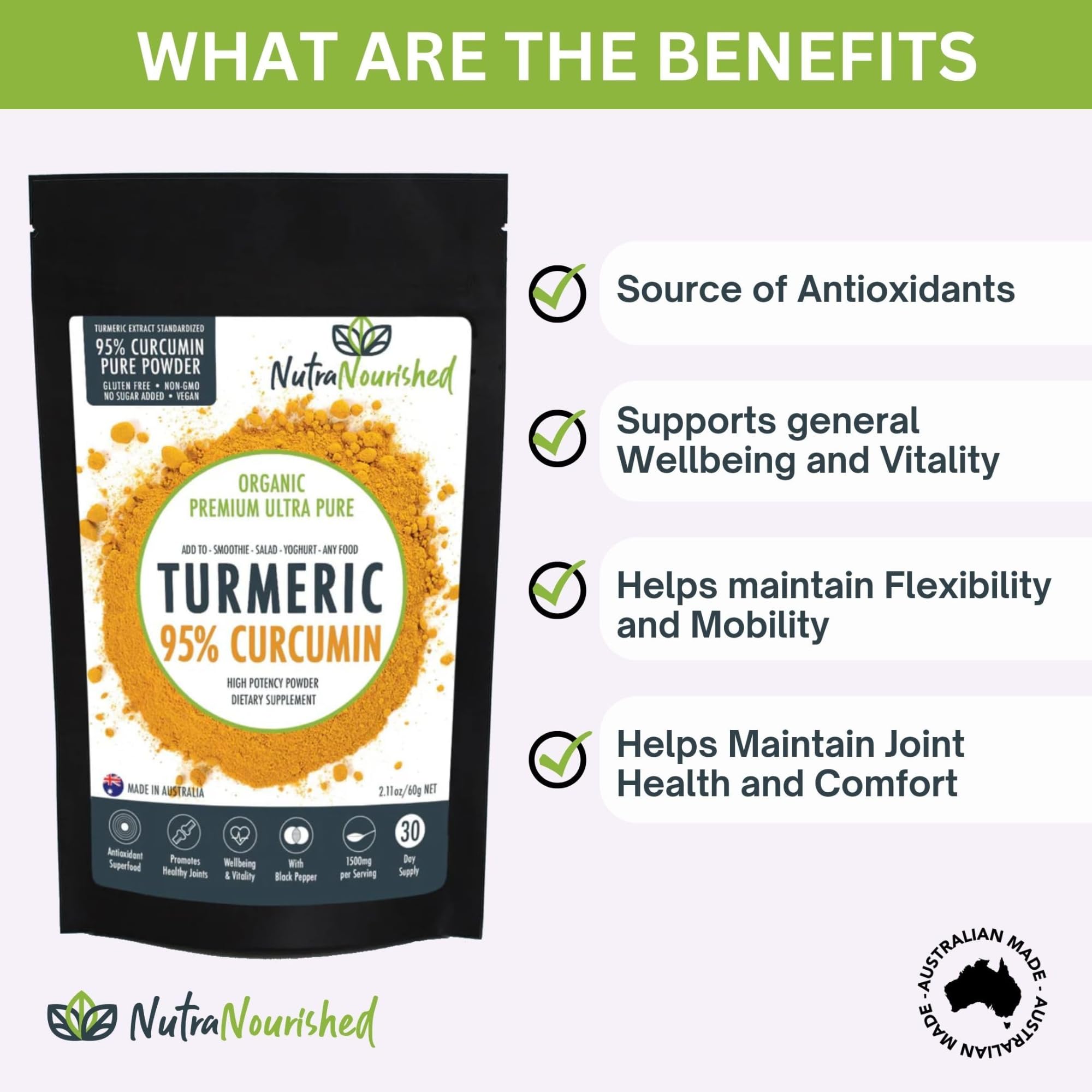 Nutra Nourished Organic Turmeric Curcumin Powder back view packaging