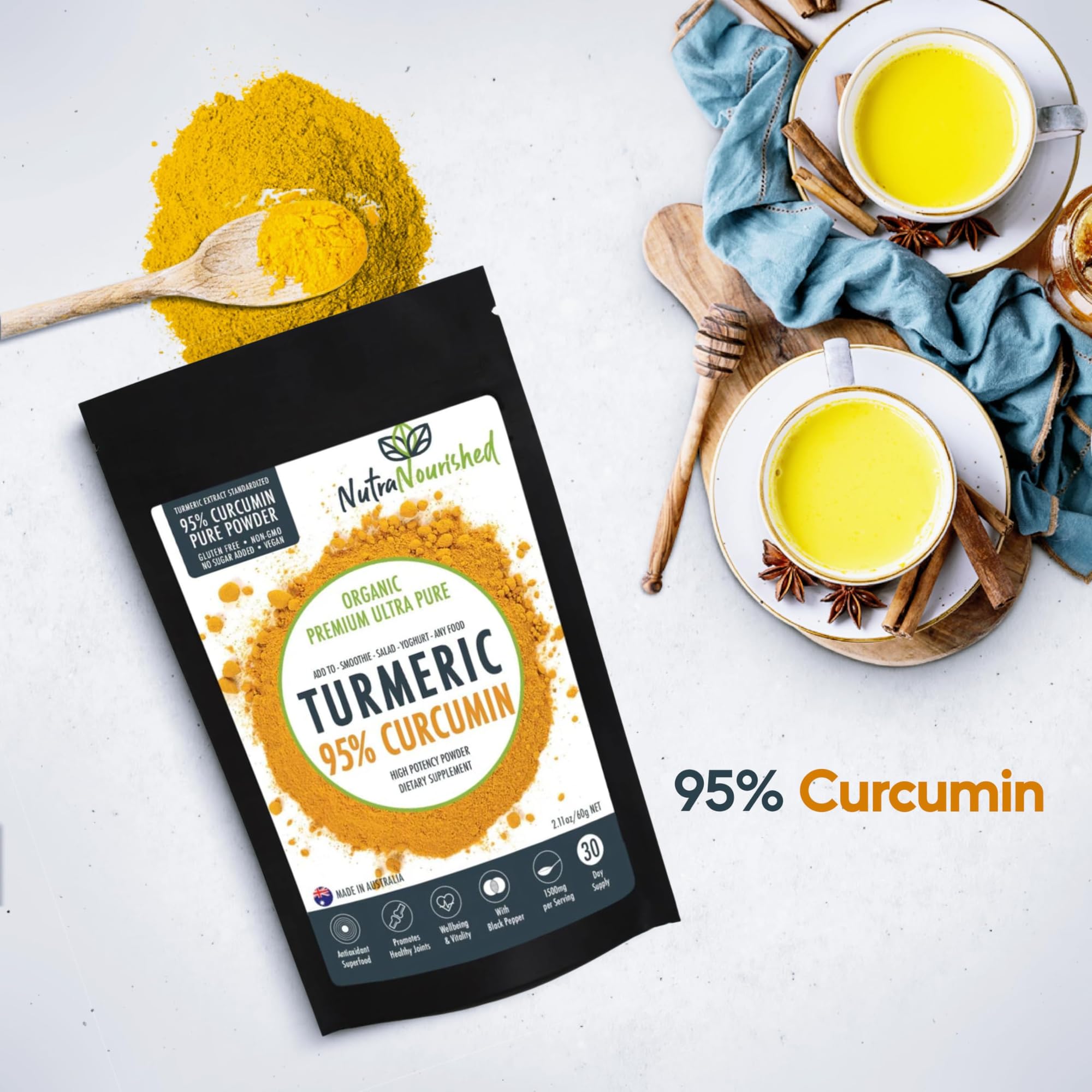 Nutra Nourished Organic Turmeric Curcumin Powder side view with scoop