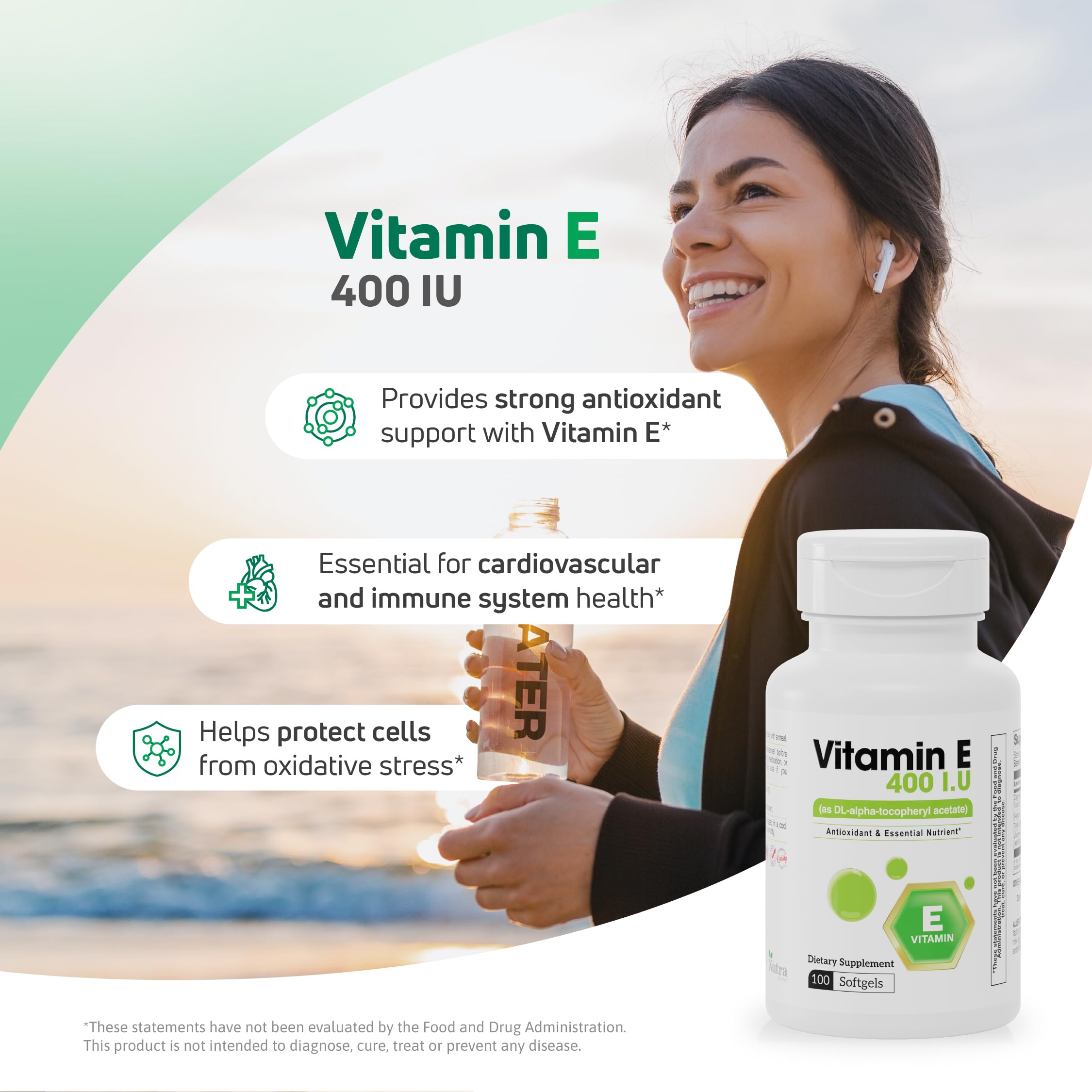 Nutra Nutrition Vitamin E Softgels on a wooden table