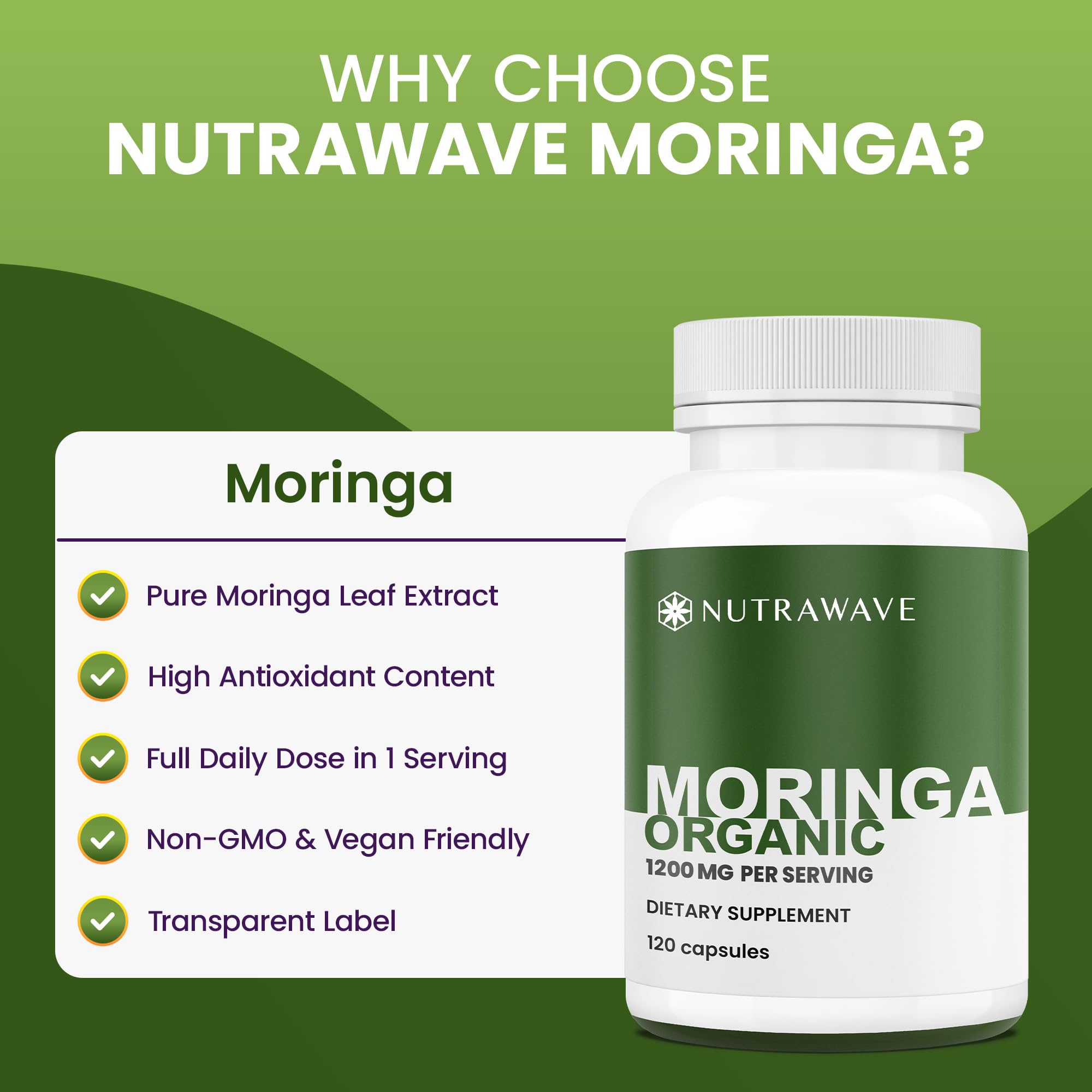Nutra Wave Moringa Oleifera Capsules 1200mg back view showing ingredients