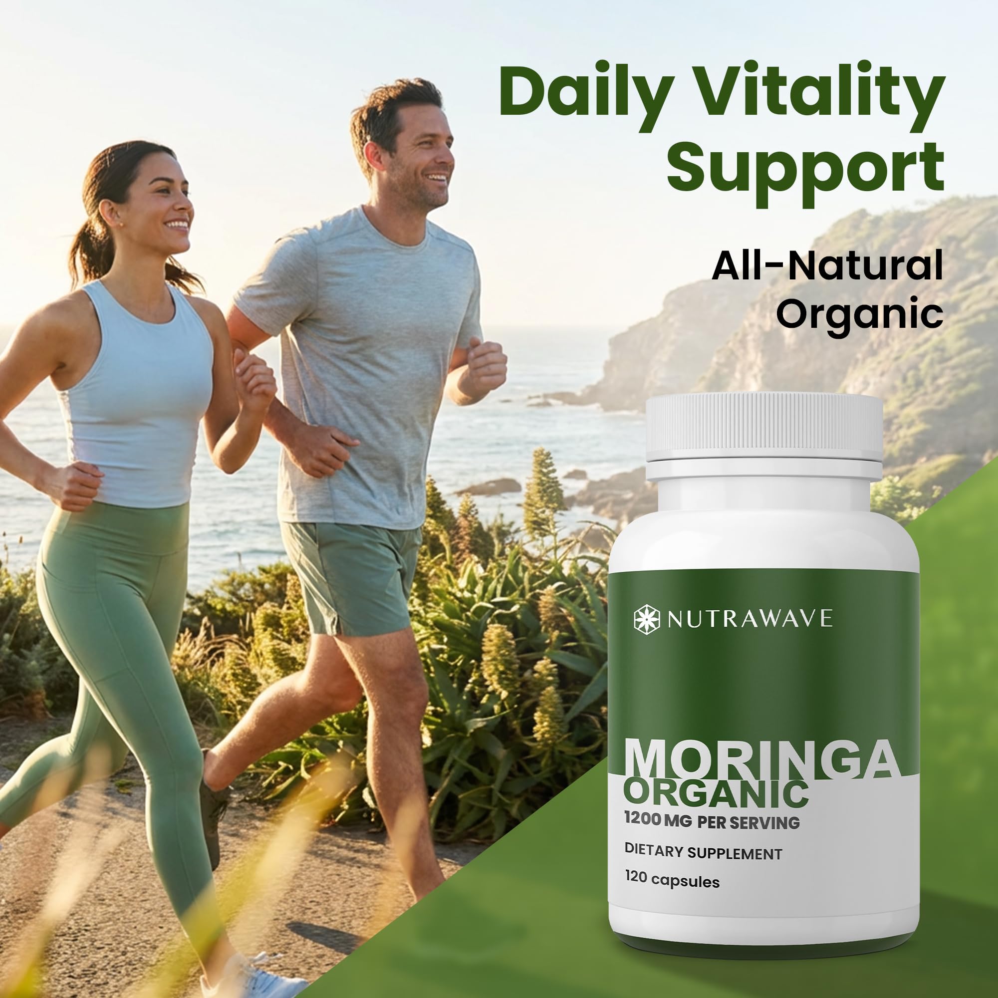 Nutra Wave Moringa Oleifera Capsules 1200mg on a wooden table