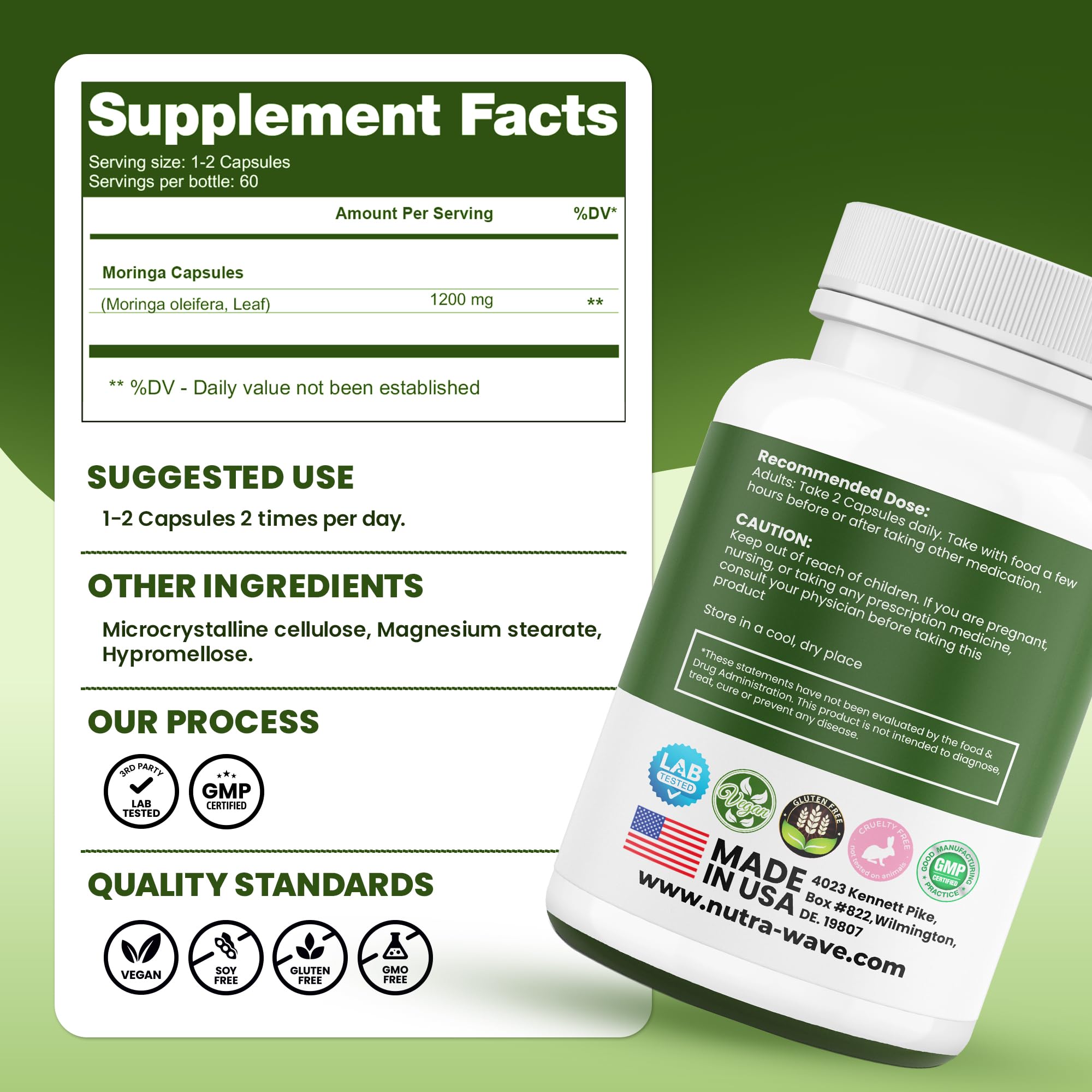 Nutra Wave Moringa Oleifera Capsules 1200mg side view